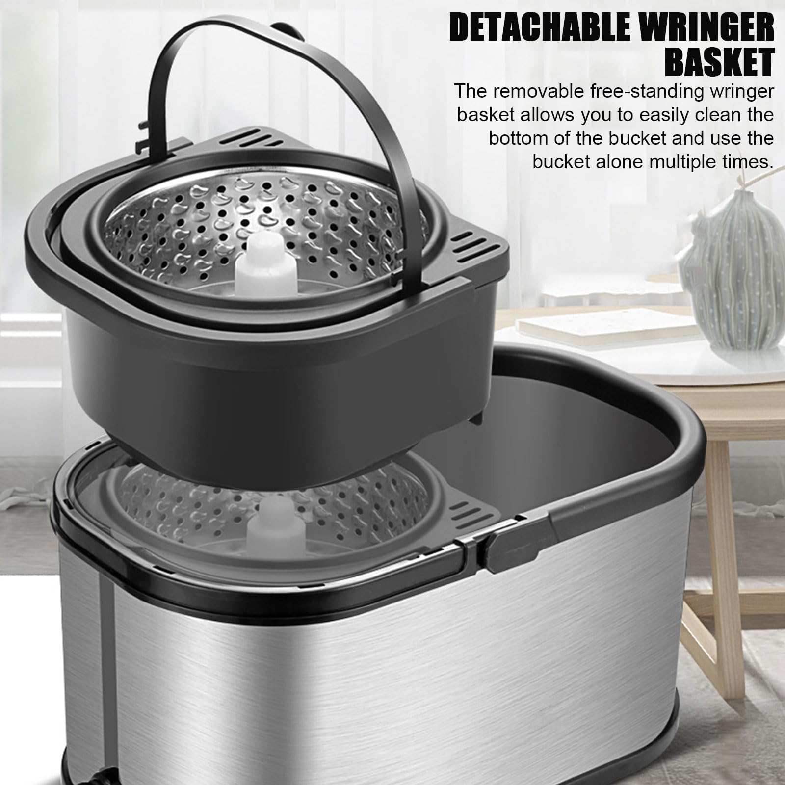 Juego de fregona giratoria y cubo de acero inoxidable con escurridor, fregona giratoria de 360° y cesta interior desmontable para limpieza de suelos con cabezales de repuesto de microfibra