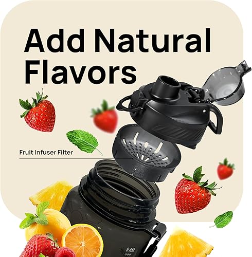 Miniatura 4 de INEVIFIT Botella de agua deportiva 3 en 1 de 34 onzas, 1 litro, con marcador de tiempo diario, sin BPA, Tritan a prueba de fugas, con filtro infusor