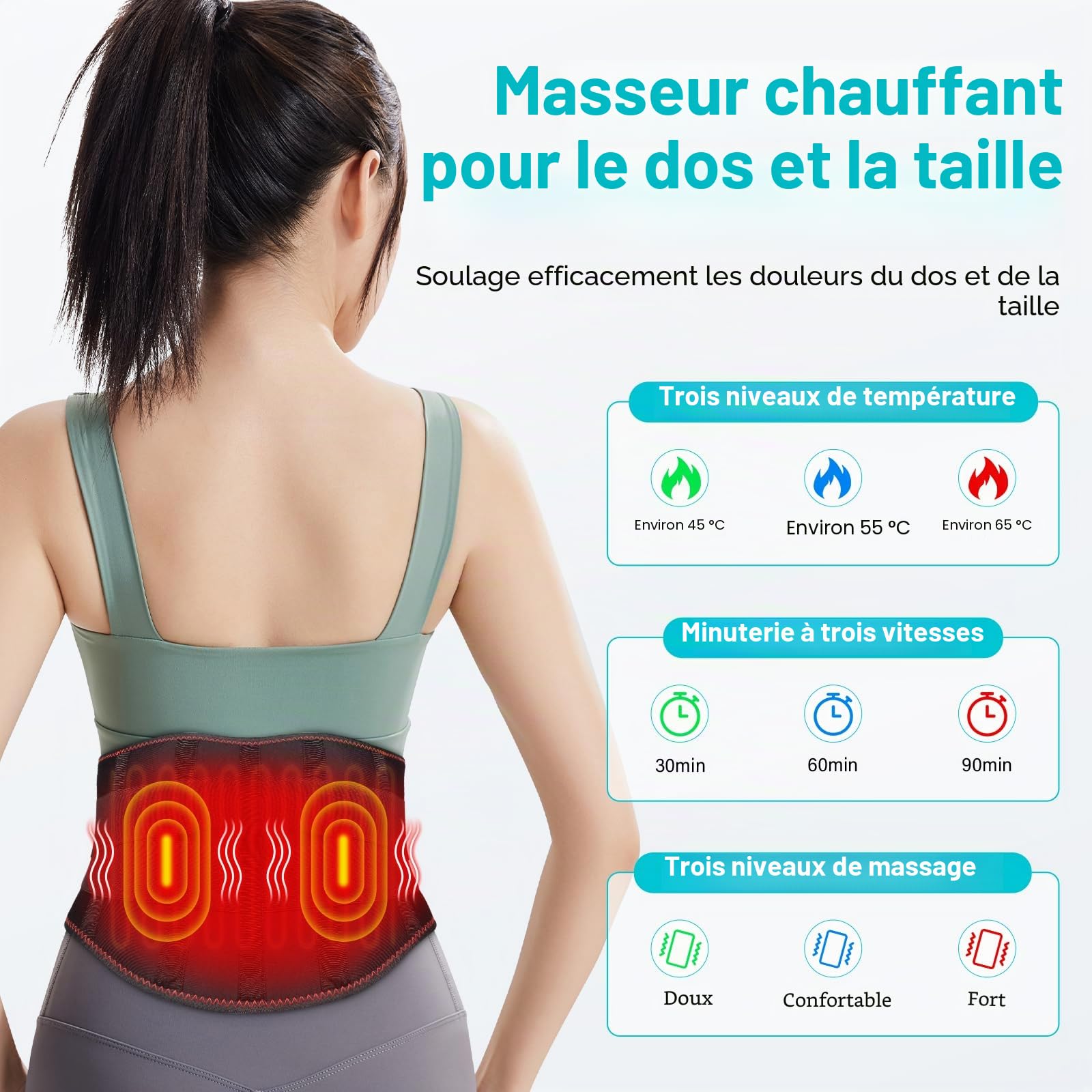 Ceinture Lombaire chauffante,Ceintur Dorsale Chauffante,Ceinture Massante Chauffante avec 3 Modes De Massage et 3 Niveaux de Température,Timer,pour Soulager des Douleurs Lombaires, Abdominales