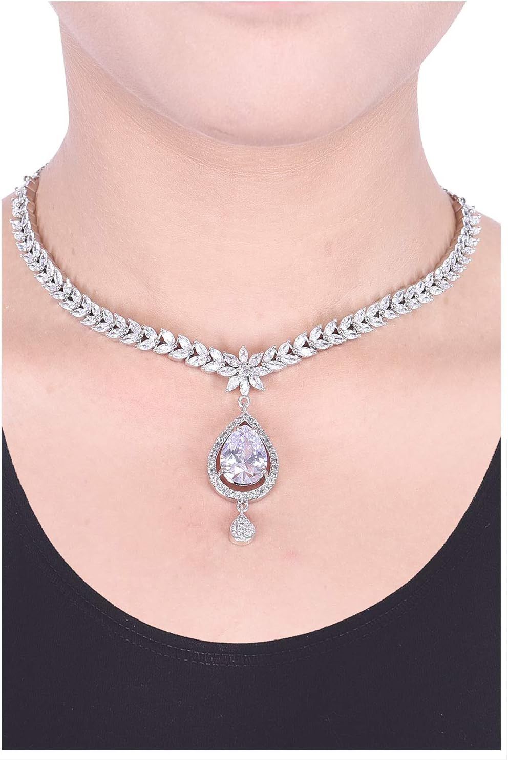 Ratnavali Jewels Women's Gold Tone Cubic Zirconia Pendant Necklace Earrings Set for Brides and Weddings RV2916