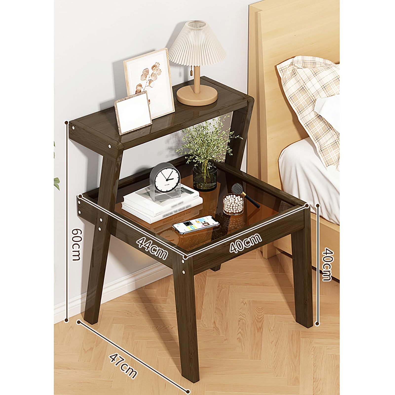 Amazon｜ガラス天板付き竹製サイドテーブル、2段エンドテーブル、収納