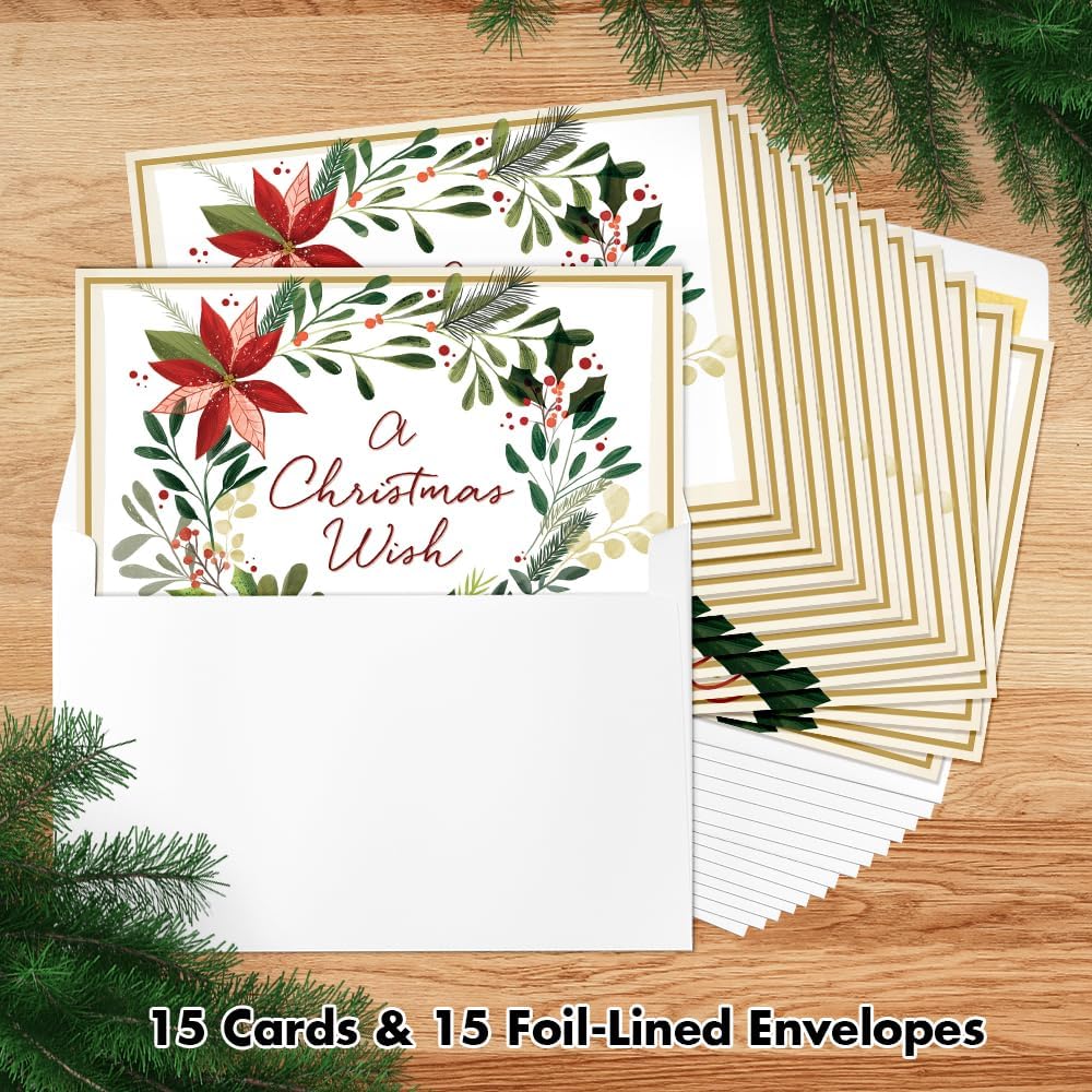 Designer Greetings Boxed Christmas Cards, A Christmas Wish (Box of 15 Foil and Glitter Embossed Cards with Matching Envelopes)