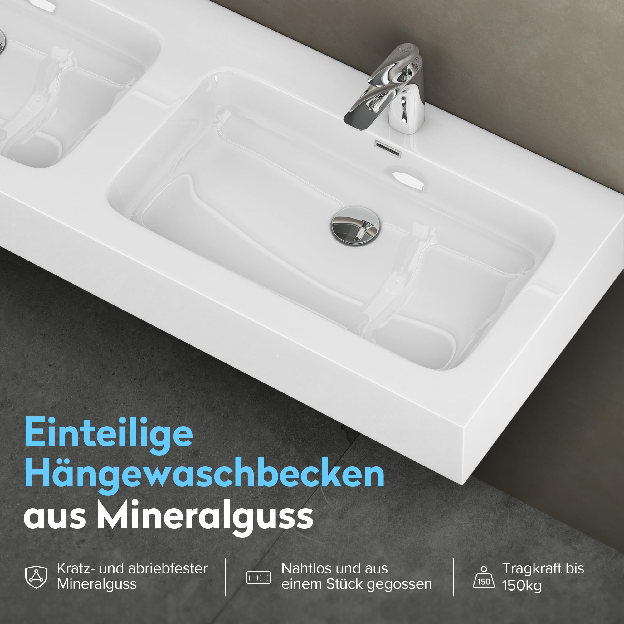 doporro Lavabo da Appoggio, Lavandino Bagno 140x48x13cm, Lavabo da Minerale Fuso Colossum830, due Fori per la Rubinetteria, Bianco Lucido