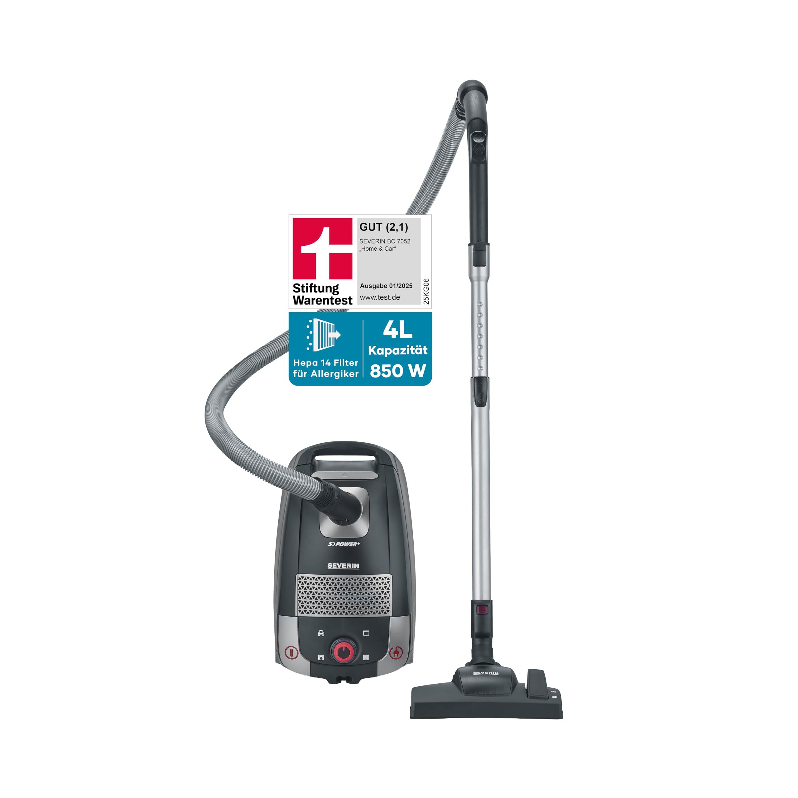 Severin Testsieger Bodenstaubsauger mit Beutel, „Home & Car“, 24kPa, leistungsstark, Allergiefilter, Bodendüse, vielseitigem Zubehör, 4L, 850 W, Schwarz-Grau, BC 7052