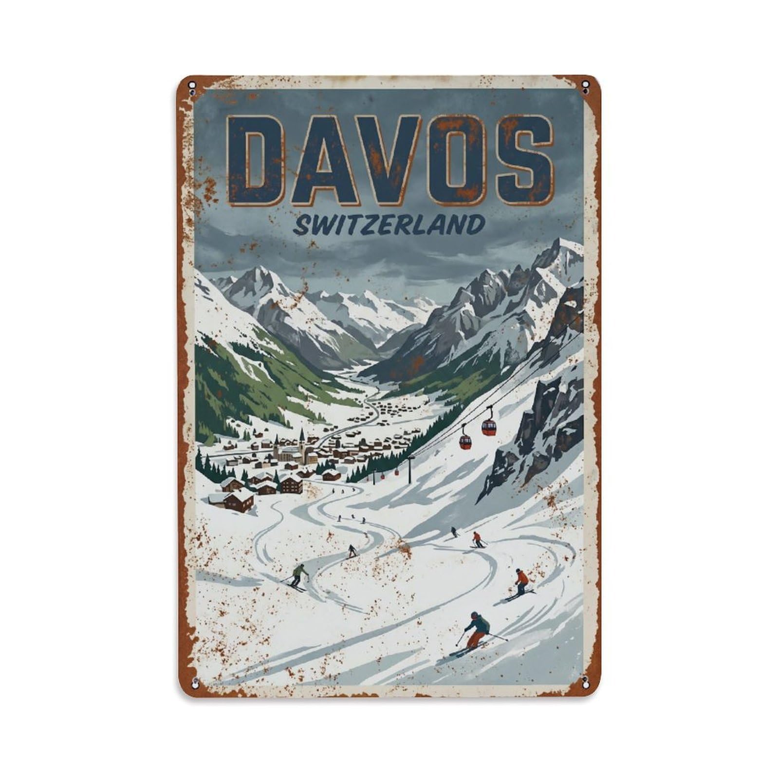 Vintage Travel Davos Switzerland Metal Tin Sign Wall Decor for Cafe, Club, Garden Metal Poster 8x12Inch