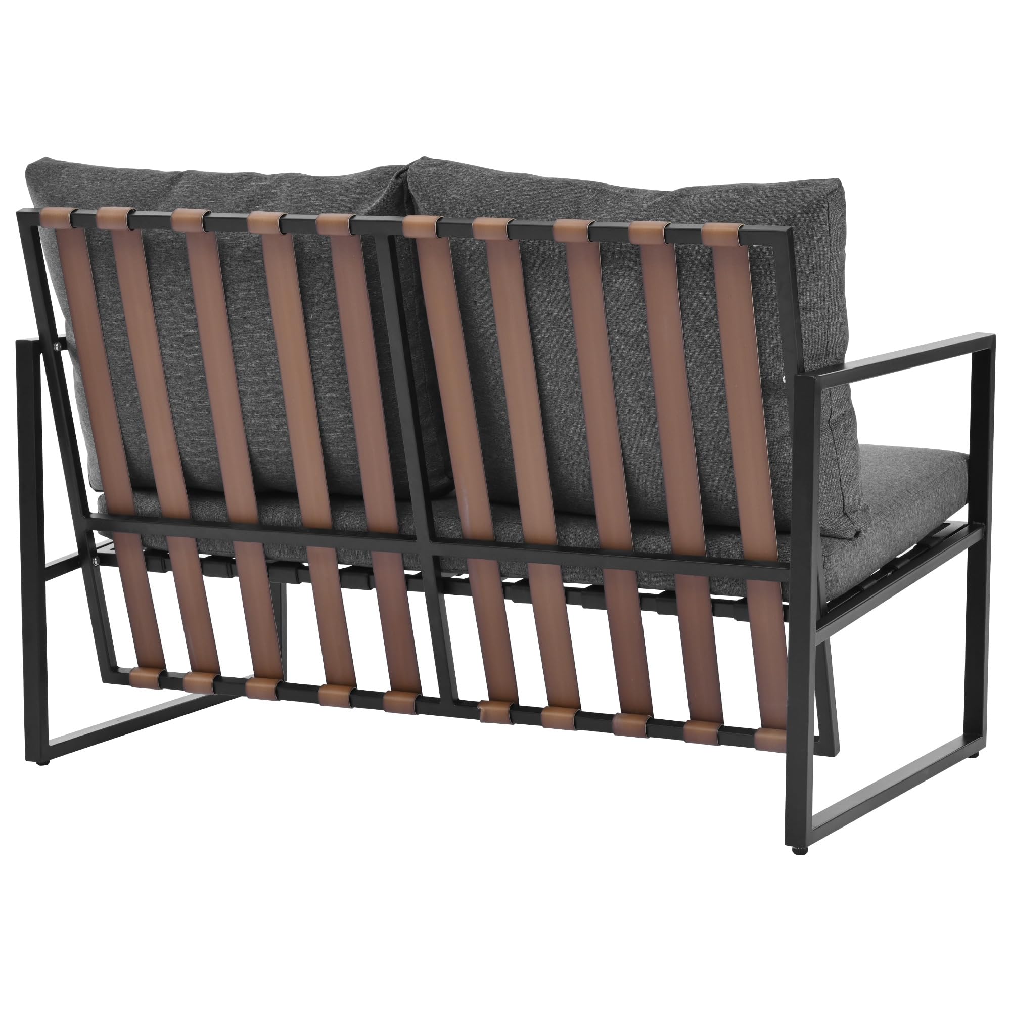 Moimhear Juego de sofá de 4 piezas para exteriores, mesa de café con capa de almacenamiento, tubo de acero galvanizado, diseño de correa de PVC, mesa de cristal templado, cojines extraíbles y lavables