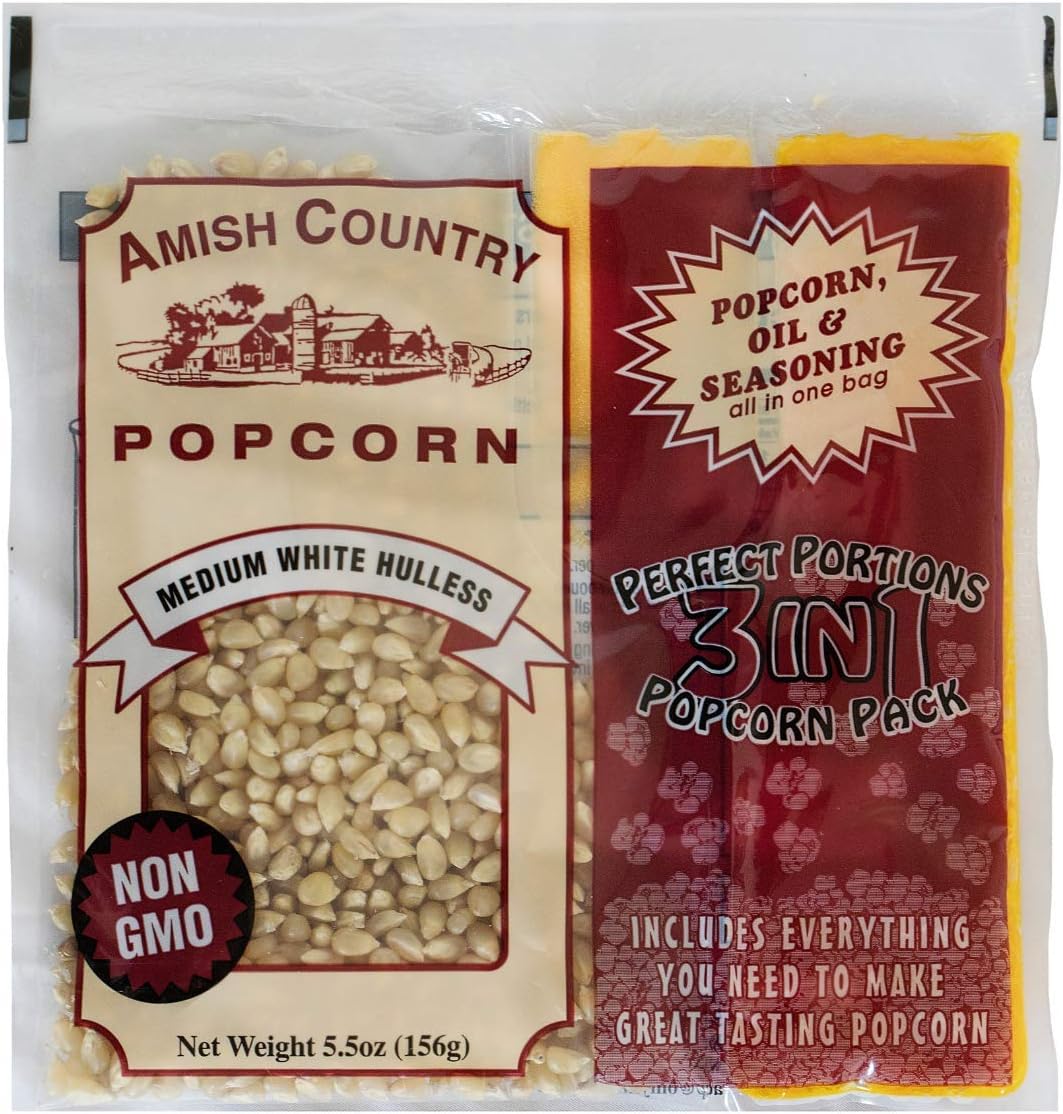 Amish Country Popcorn | All-In-One Medium White Kernel Popcorn Packs | Pre-Measured for Popcorn Machines and Includes Hulless Popcorn, Oil & Salt (5.5 ounce, Pack of 24)