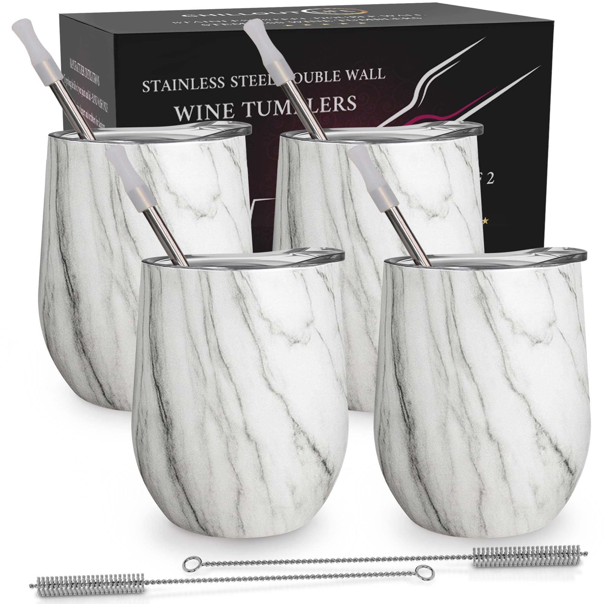 CHILLOUT LIFE Stainless Steel Wine Tumblers 4 Pack 12 oz - Double Wall Vacuum Insulated Wine Cups with Lids and Straws Set for Coffee, Wine, Cocktails - Carrara Marble