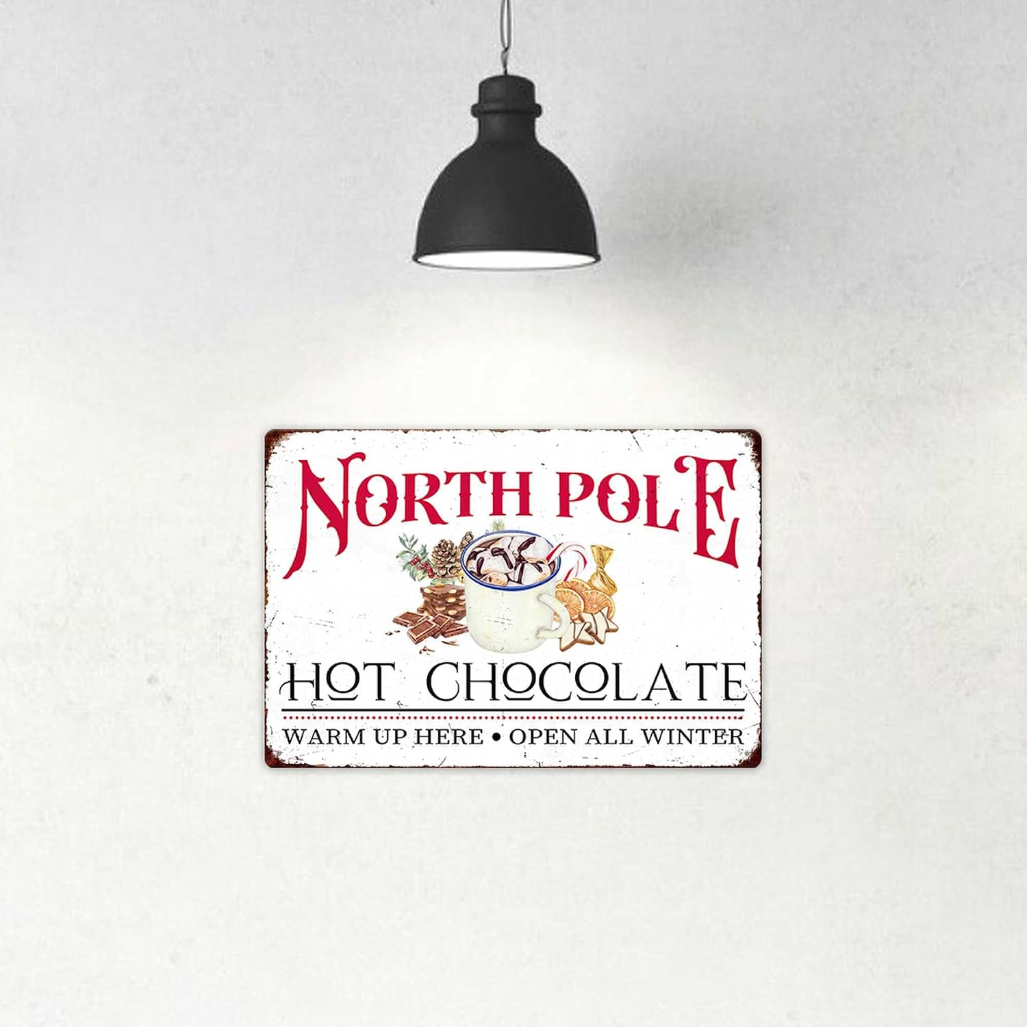 North Pole Hot Chocolate Warm Up Here Open All Winter Vintage Metal Tin Sign Home Wall Decor For Kitchen Bakery Coffee Bar Farmhouse Restaurants Cafe 8X12 Inch Christmas Decorations image 3