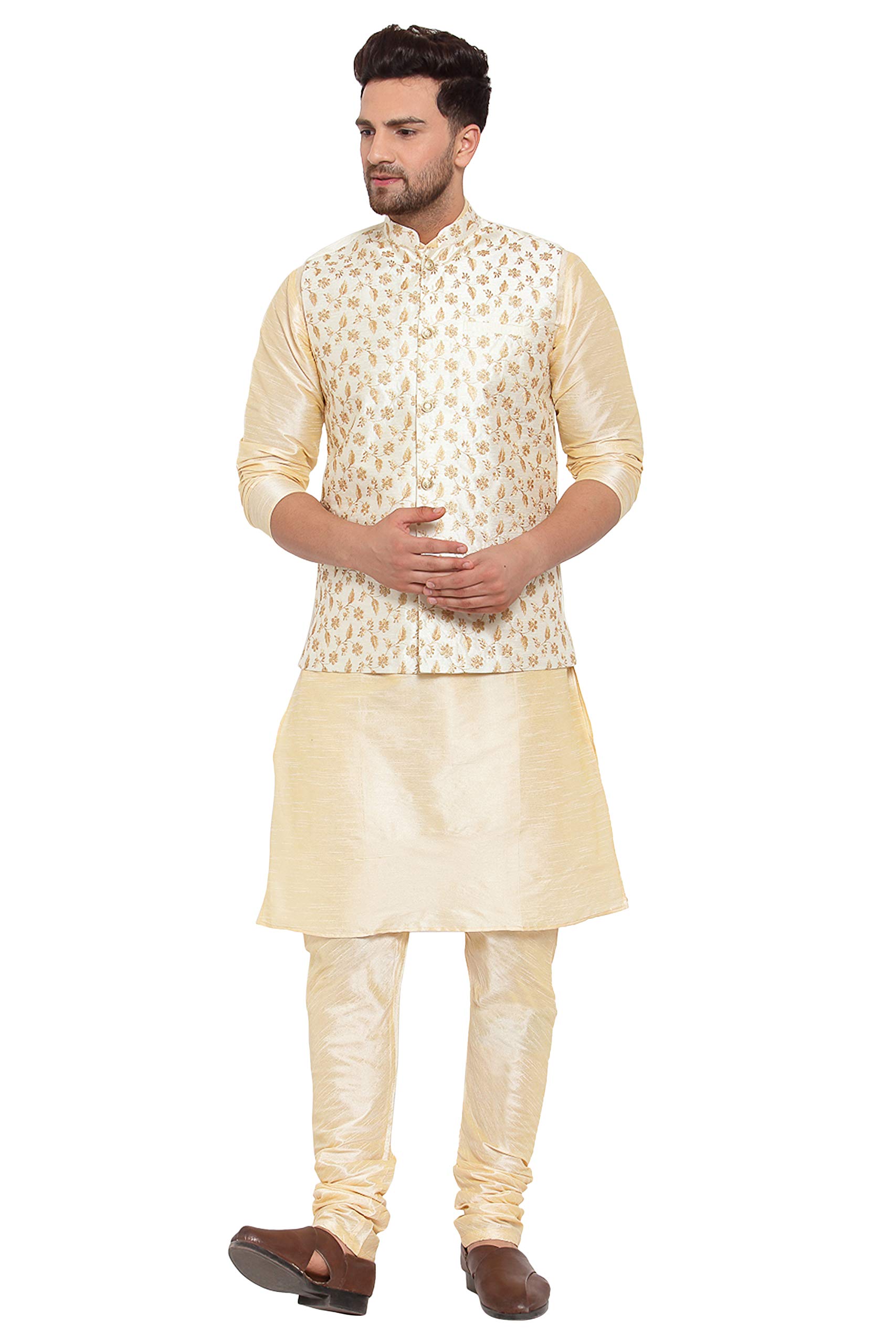 KRAFT INDIAMen's Stylish Silk Kurta with Churidar & Nehru Jacket Set