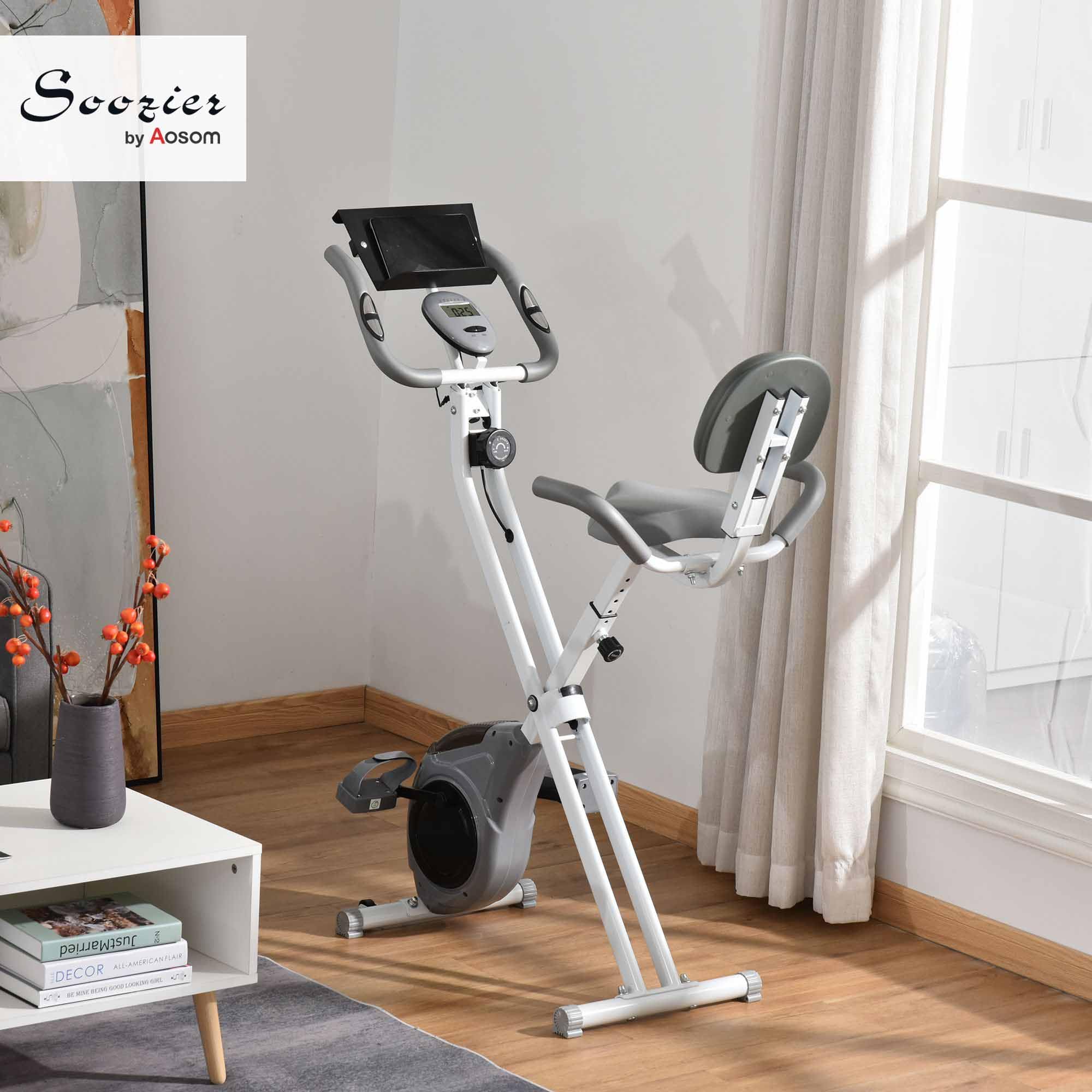 HOMCOM Vélo d'appartement magnetique pliable vélo de fitness vélo d'intérieurgrand confort dossier selle réglable poignées écran LCD multifonction support tablette acier blanc gris