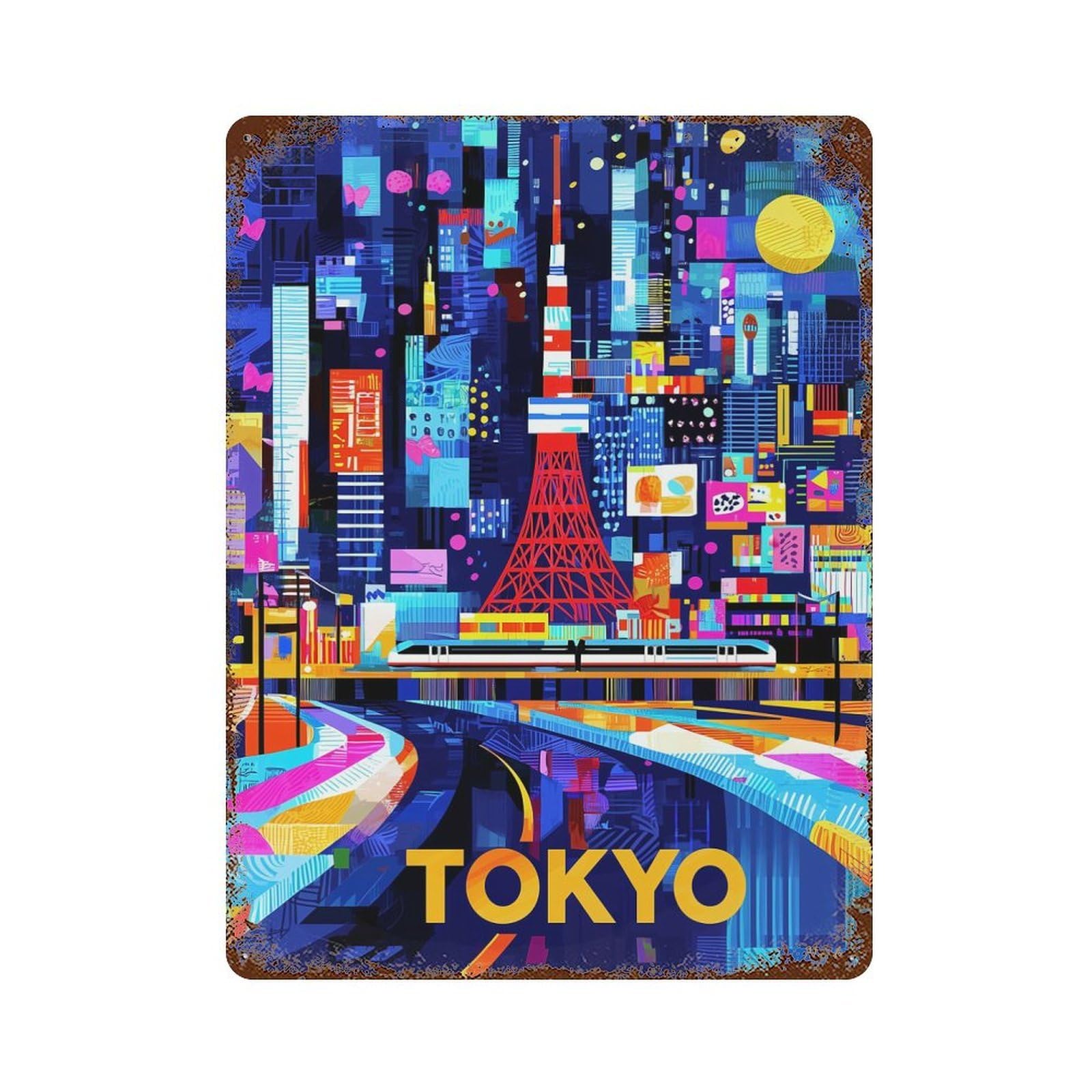 Tokyo Neon Glow – Colorful Geometric Cityscape Vintage Metal Tin Sign 15.7"x11.8", for Garage, Bar And Workshop Decor, Old School Wall Decor