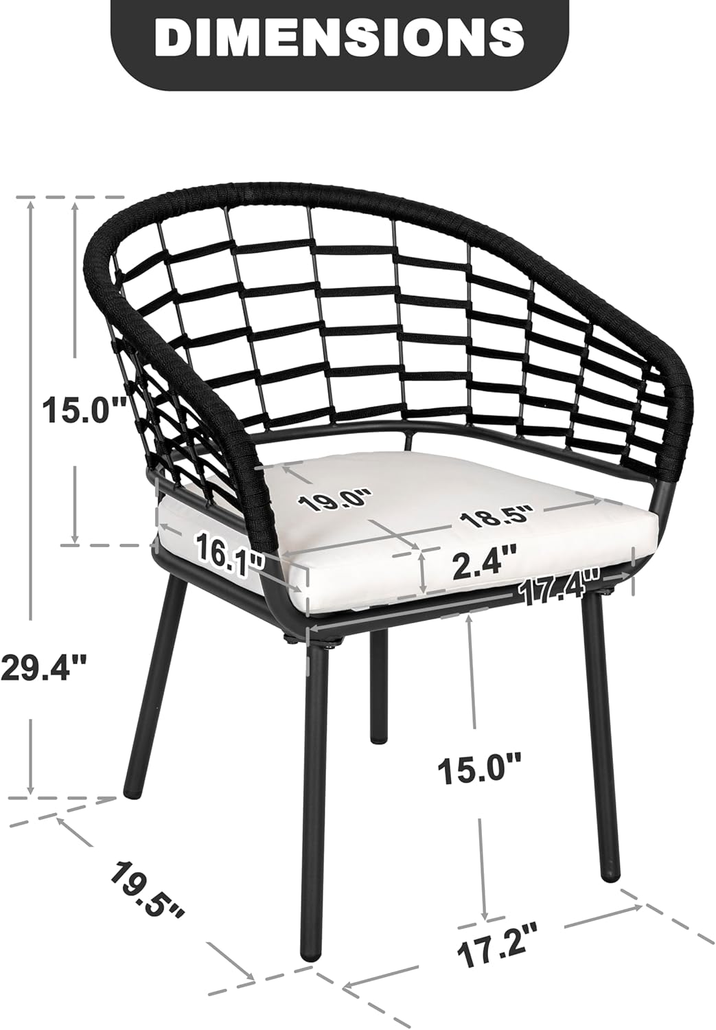 NUU GARDEN Outdoor Patio Woven Rope Chairs with Adjustable Feet, 2.4" Thick Soft Cushions, All-Weather Powder-Coated Metal Frame, Ideal for Deck Balcony Poolside, Black and Beige