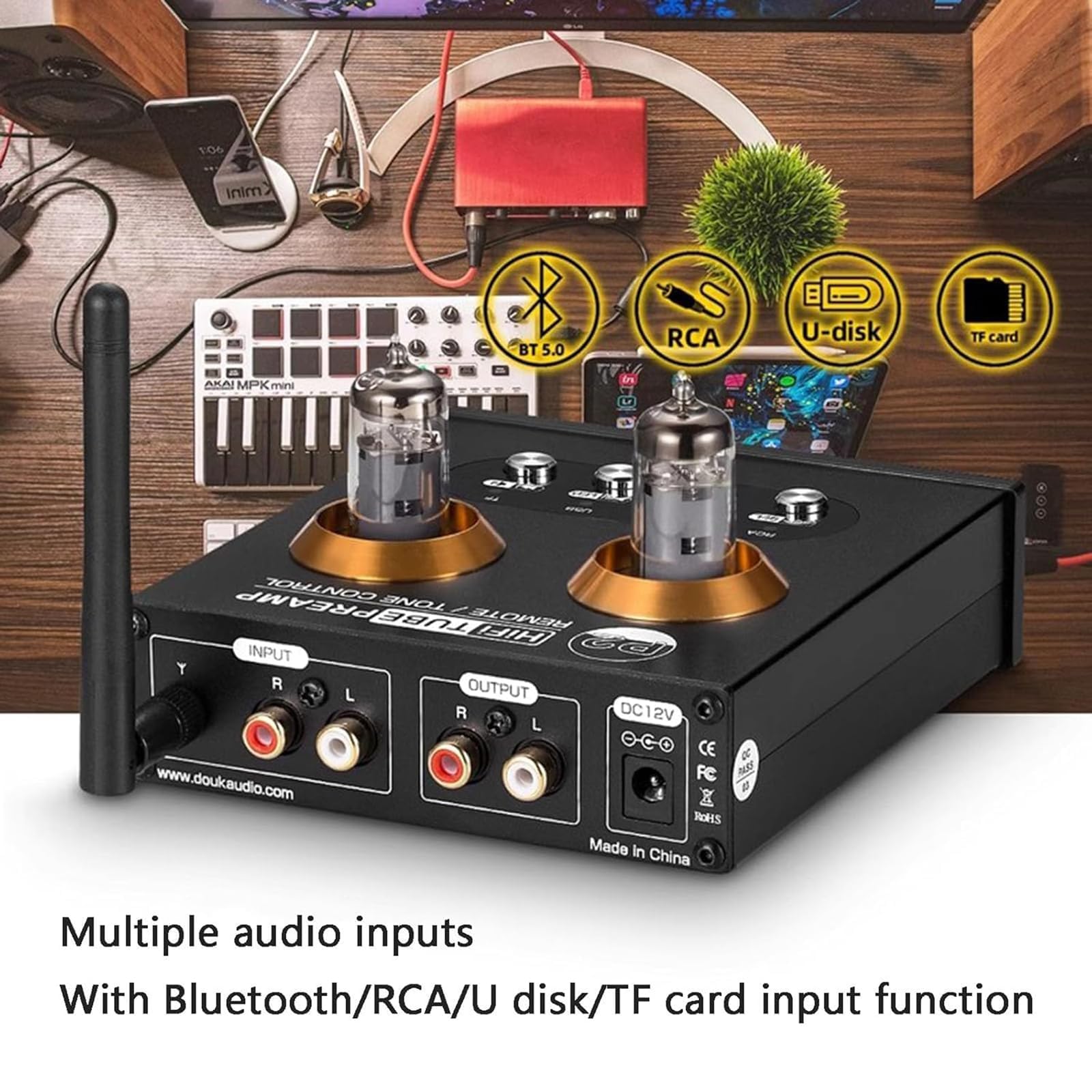 COYEUX Stereo wzmacniacz lampowy, 2-kanałowy mini cyfrowy wzmacniacz mocy Hi-Fi Bluetooth 5.0 klasy D, z pilotem, kontrolą wysokiego basu, do domowego dźwięku na zewnątrz