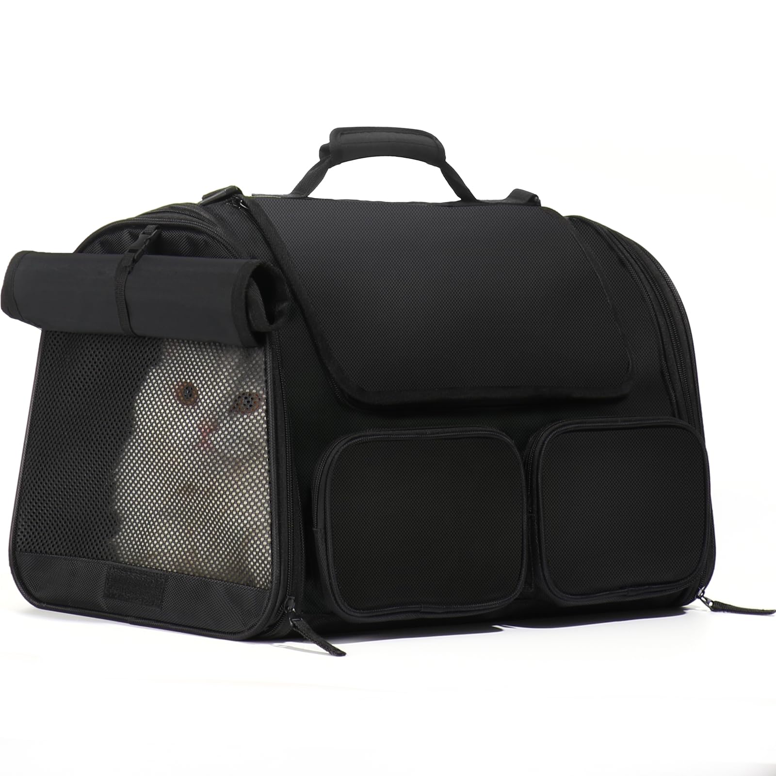 FUKUMARU Trasportino Per Cani e Gatti,Borsa Approvato Per Il Trasporto Aereo,Trasportino Pieghevole Per Animale Domestico Taglia Piccola Fino a 20 kg,Traspirante,Nero