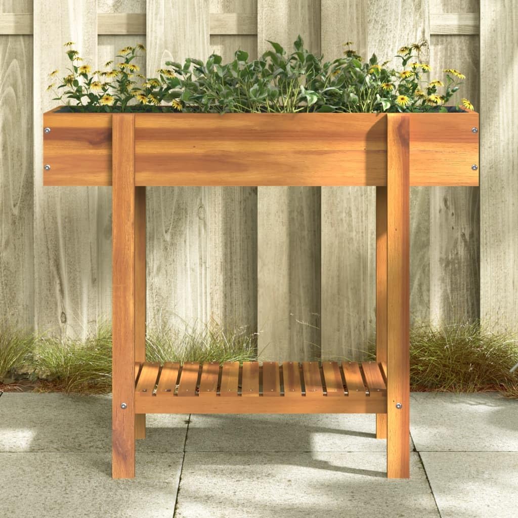 Jardinera de madera maciza de acacia, 90 x 30 x 75 cm, con estante, resistente a las heladas, para balcón, terraza y jardín, jardinera, interior y exterior, maceta, almacenamiento de agua