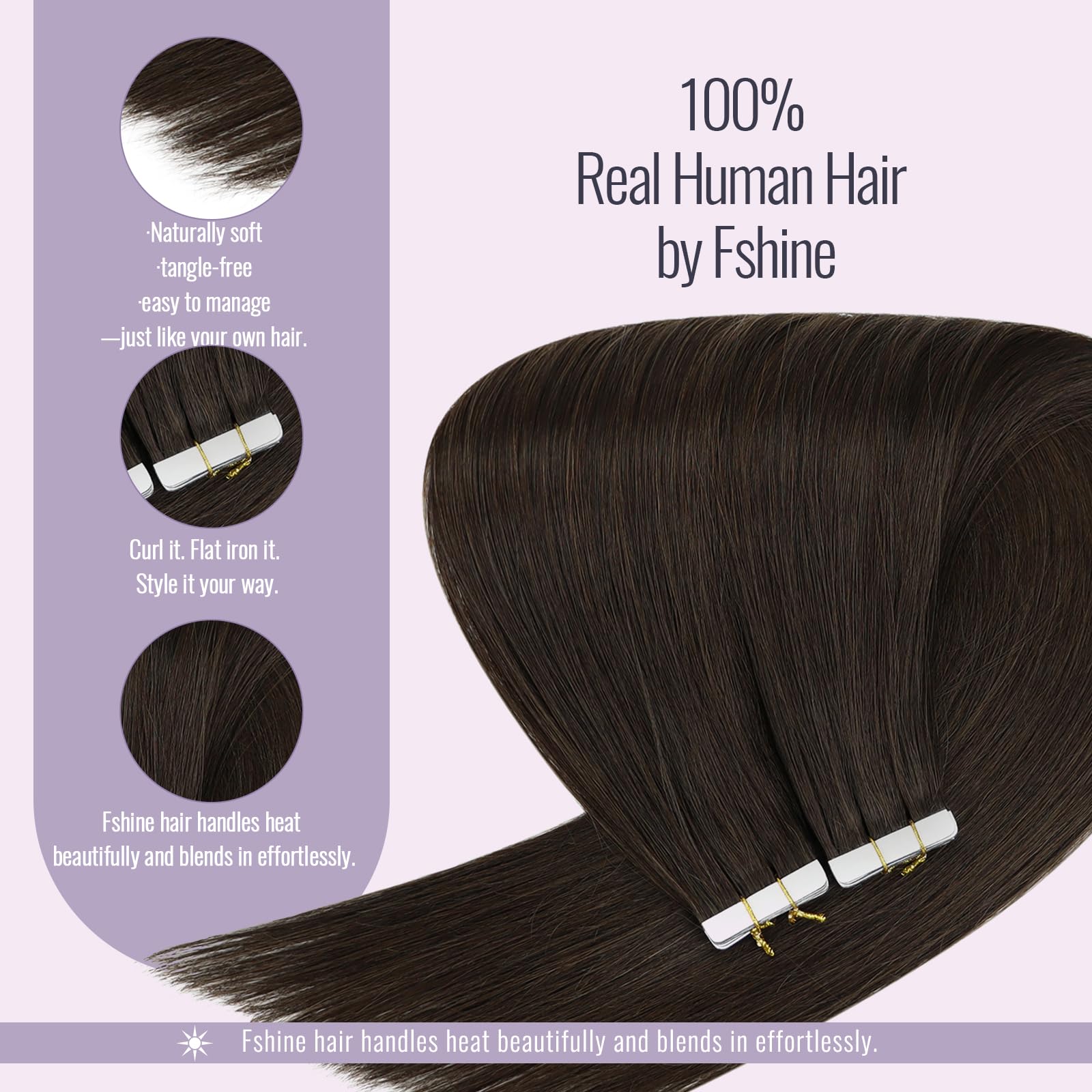 Fshine Tape in Human Hair Extensions 26 Inch Remy Human Hair Tape in Extensions Darkest Brown Skin Weft Long Straight for Women 20pcs 50g Color 2 - Image 4