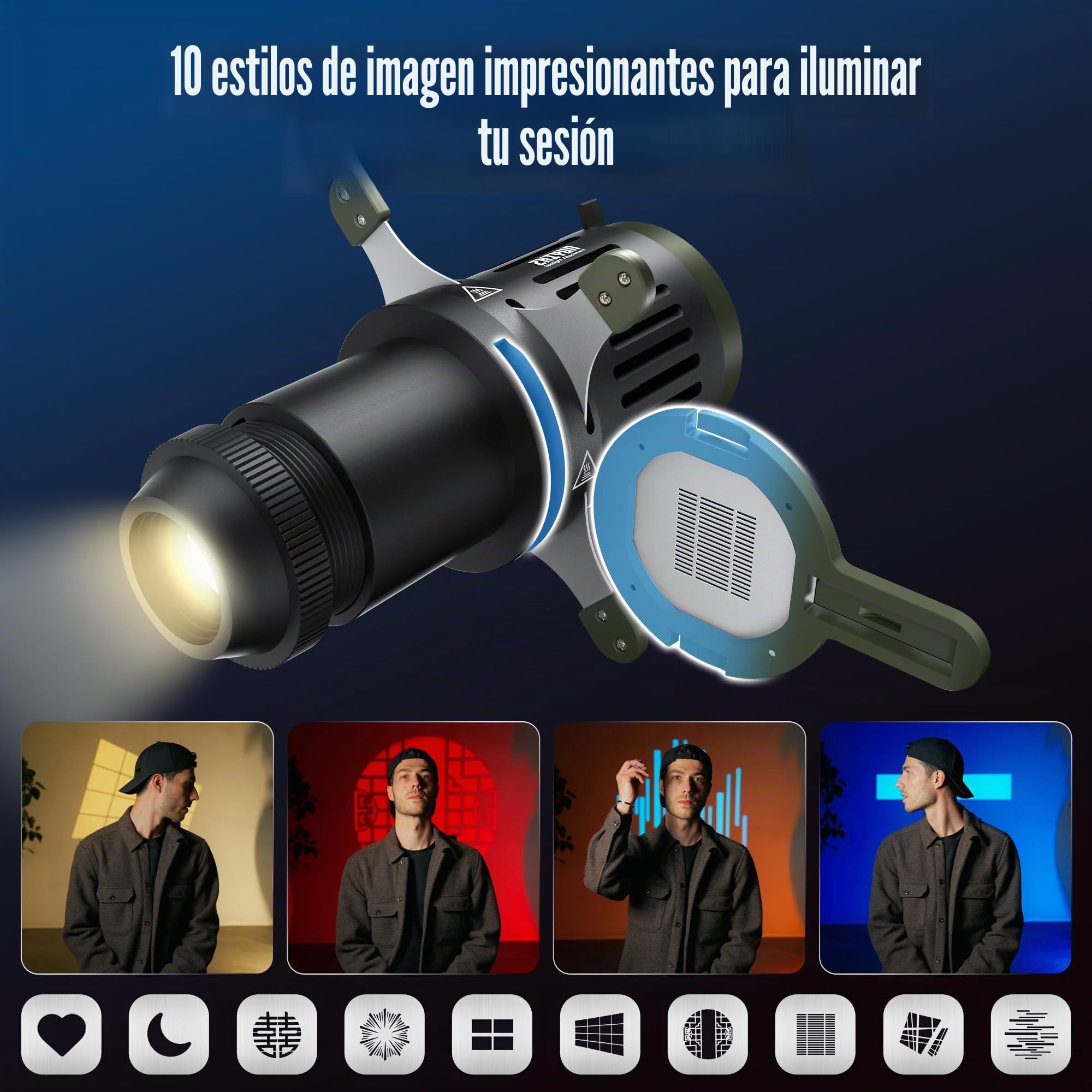 ZHIYUN Mini Foco (Montura ZY) Kit de snoot óptico cónico Accesorio para proyector de iluminación de Video para Estudio de fotografía con 10 gobos Formas de Corte Adecuado para X100/X60/CX100/G60/CX50