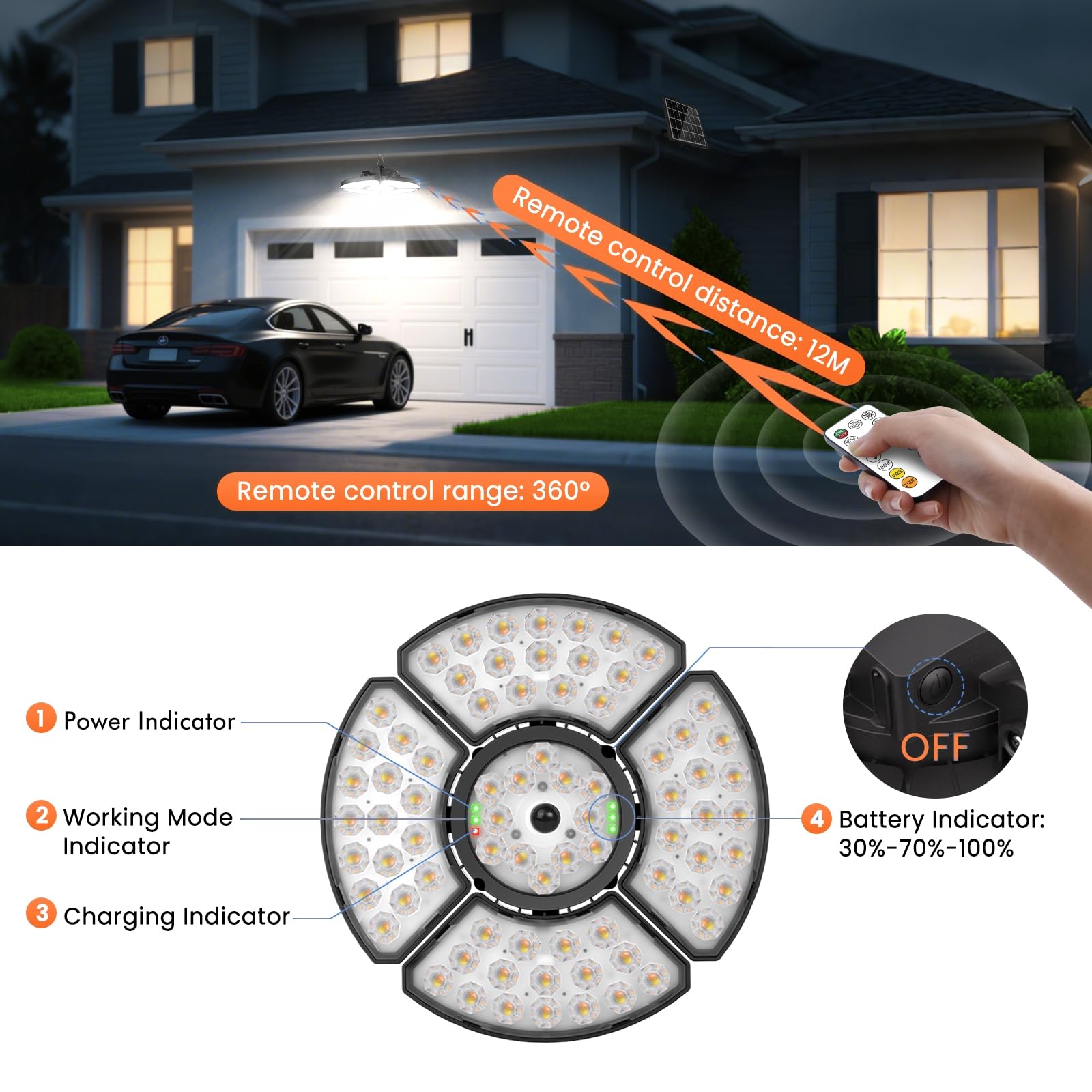 MEIKEE Luz Solar Colgante Exterior, 76 LEDs Lámpara Solar con Sensor de Movimiento, con Control Remote RF, IP65, Luz Regulable 2500-6500K, 6 Brillo, Temporizador, Función de Memoria, Cable 5 m