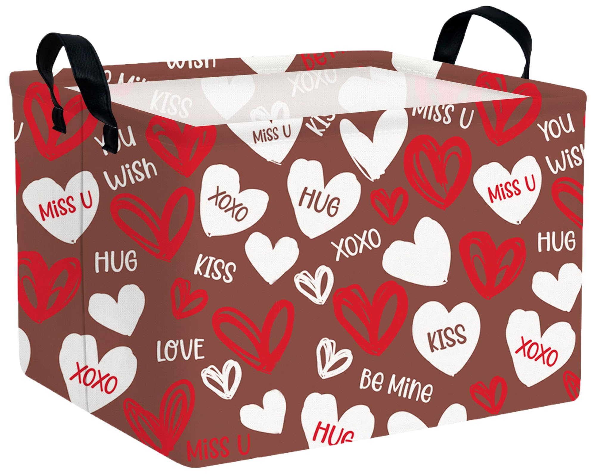 Large Valentine's Day Basket Heart Shaped Storage Bin for Gifts Collapsible Organizer Room Decor (Brown Bottom White Red Love)
