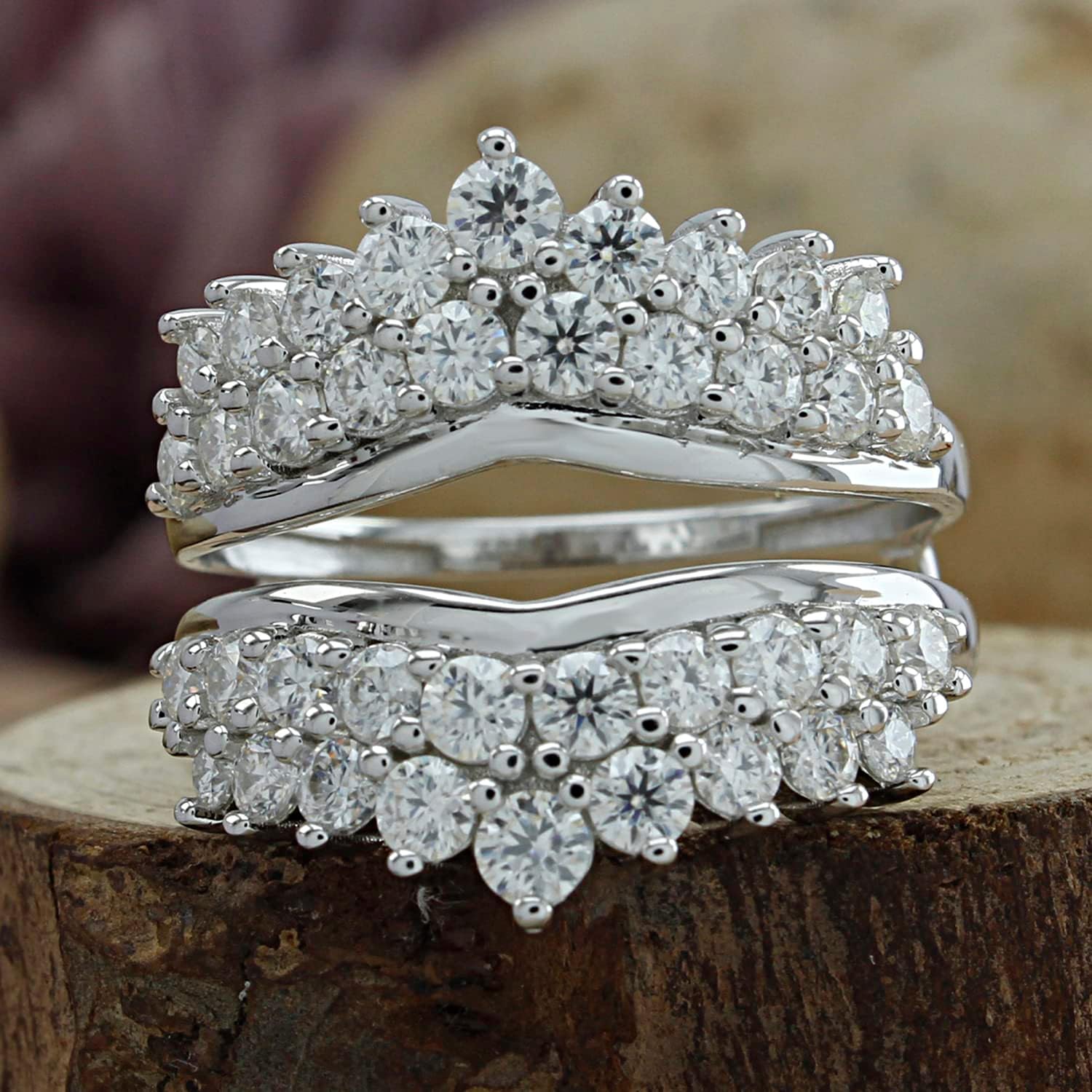 Double Row Enhancer Guard Ring for Women Round Lab Created Moissanite or Round Lab Grown Diamond Wedding Band Stacking Ring in 14K Gold Plated Sterling Silver Jewelry Gifts for Her - Image 4