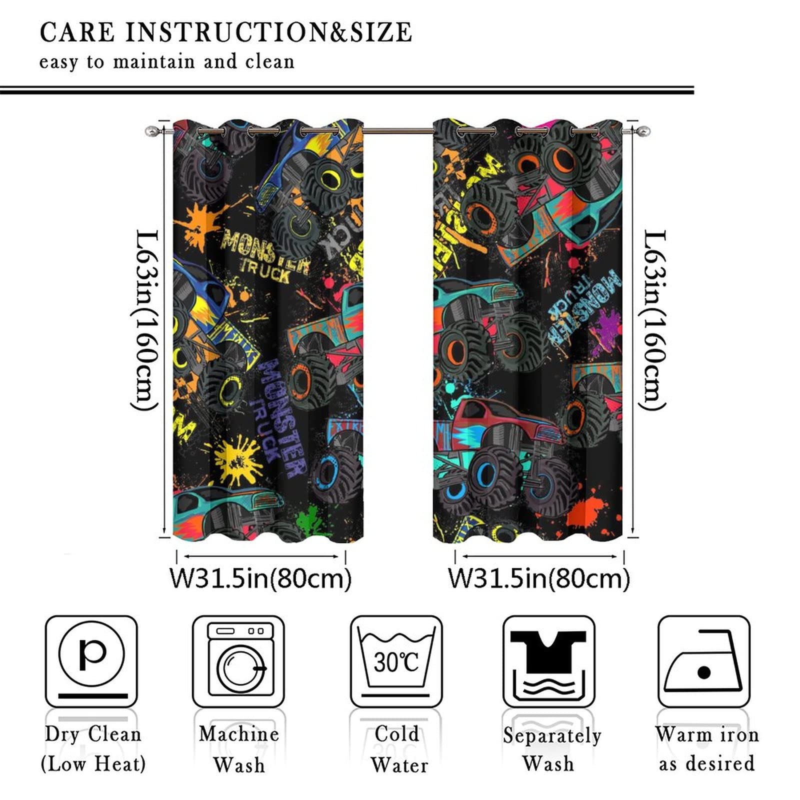 Kazynee Cool Monster Truck Room Darkening Blackout Window Curtains with Grommets,Colorful Cartoon Paint Style Monster Trucks Doodle Energy Efficient Window Treatment 2 Panels 63L x 31.5W