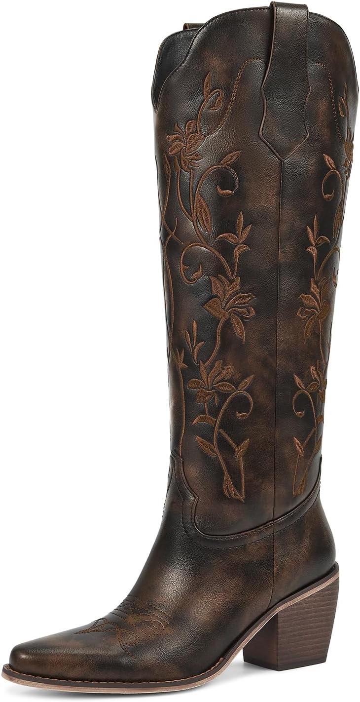 wetkiss Womens Cowboy Boots Knee High Cowgirl Boots with Pointed Toe Chunky Heel Retro Vintage Floral Embroidered Pull on Tall Western Boot
