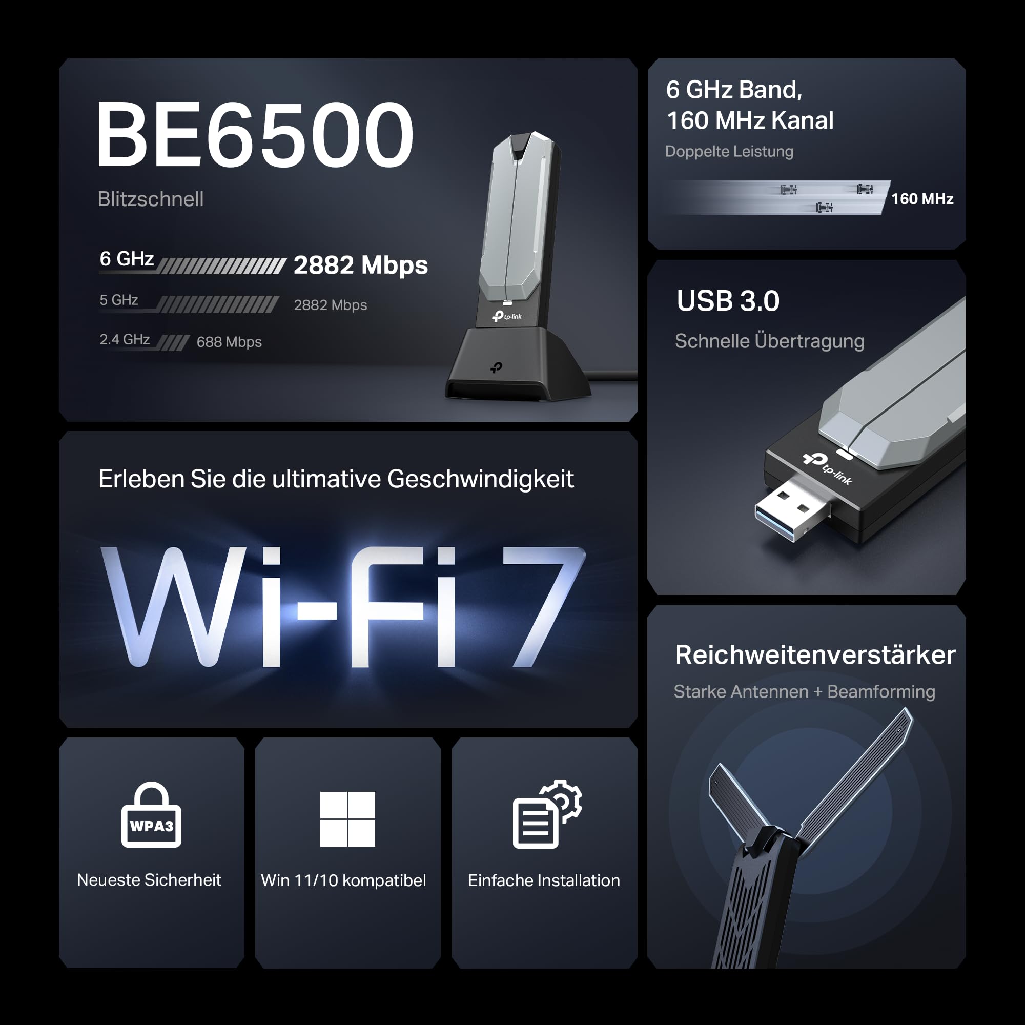 TP-Link Archer TBE400UH Wi-Fi 7 WLAN Stick für PC, BE6500 Tri-Band USB WLAN Adapter mit Hochleistungsantenne, MU-MIMO, WPA3, USB 3.0, nur Kompatibel mit Windows 10/11