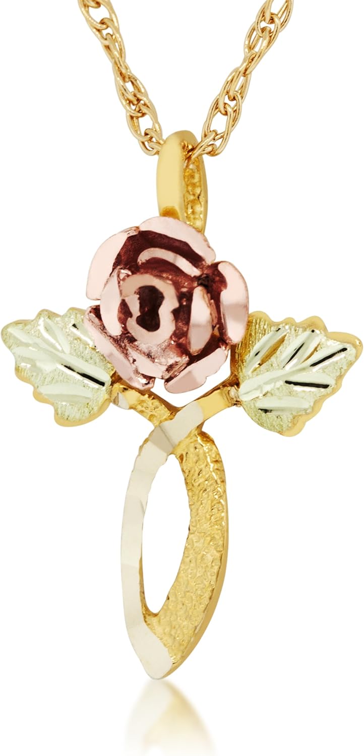 3D Rose Flower Leaf Cross Pendant Necklace, 10k Yellow Gold, 12k Green and Rose Gold Black Hills Gold Motif, 18"