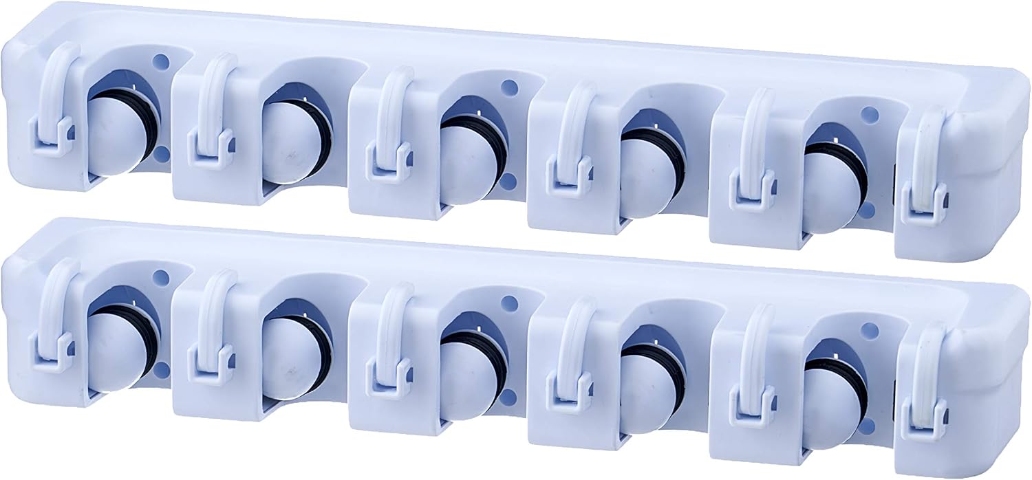 Superio Mop and Broom Holder Wall Mount White (2 Pack) Cleaning Tools Wall Organizer, 5 Rack Slots and 6 Hooks for Kitchen Closet Garage Garden and Office.