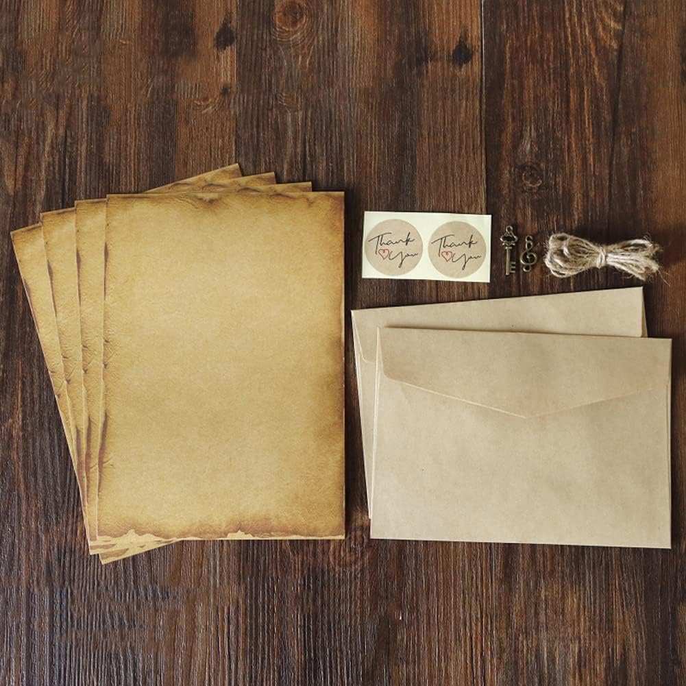 2 Set Vintage Letter Paper Envolopes Kraft Retro Antique Style Letter Invitation Envelopes Writing Paper with Rope Accessories