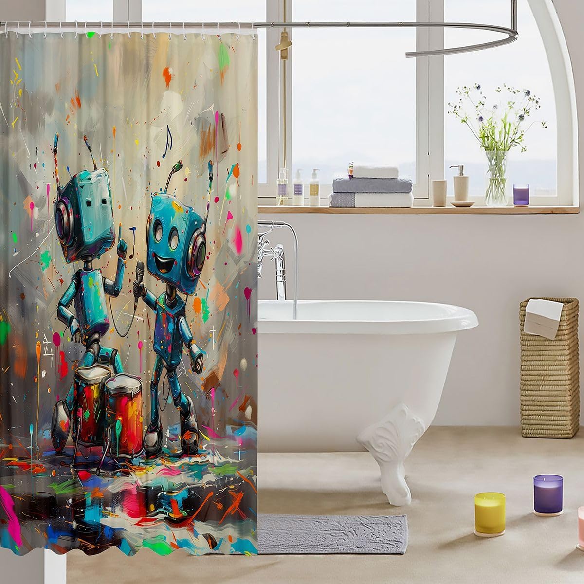 Erosebridal Cartoon Robot Shower Curtain Colorful Graffiti Fabric Shower Curtain,72" W X 72" L,Blue Robots Bathroom Shower Curtain Sets Modern Equipment Bath Curtains image 3