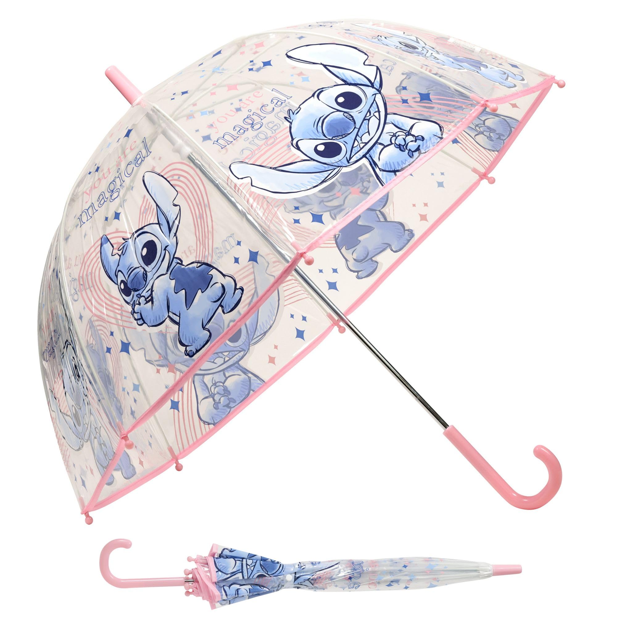 Disney Stitch Folding Transparent Lightweight Dome Umbrella 19'' with Hook Handle for Girls Gifts