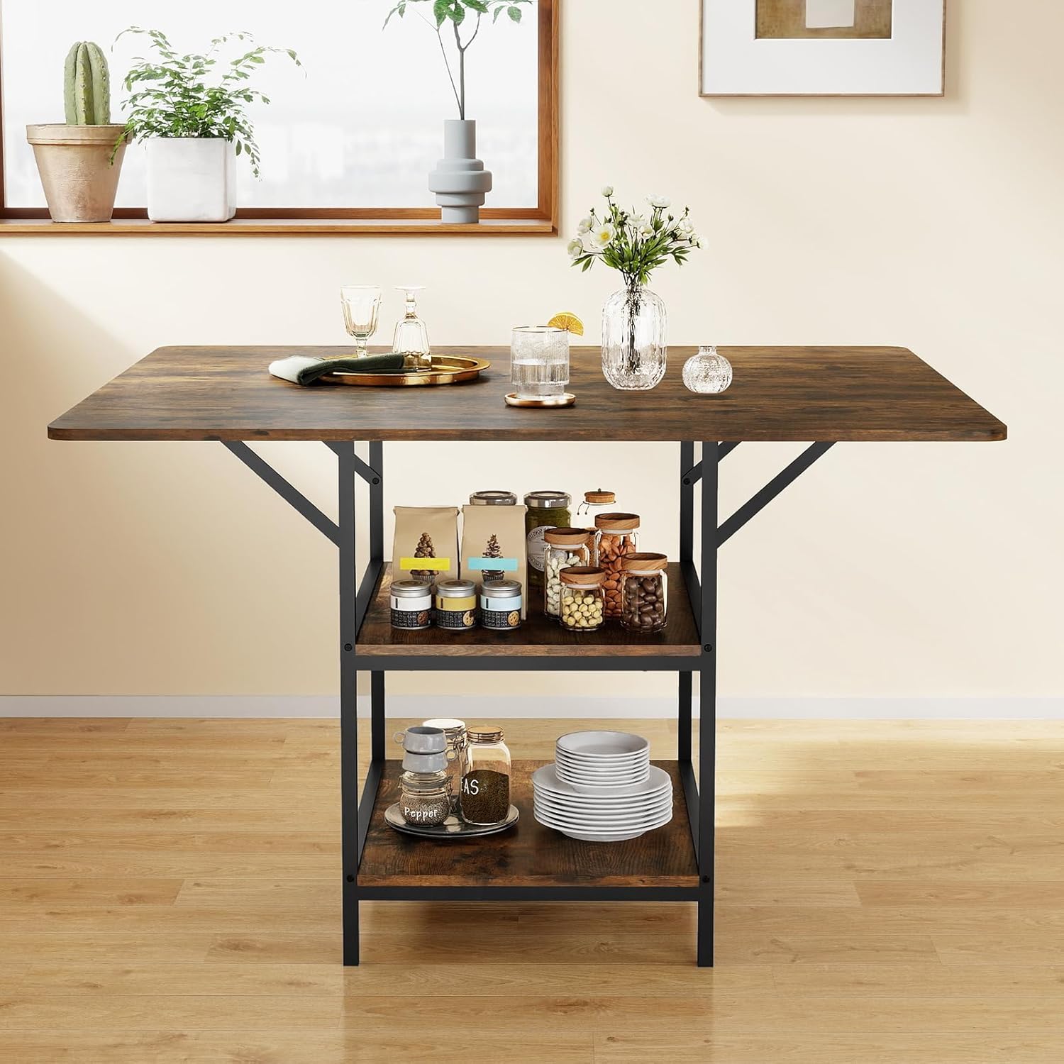 GOFLAME Dining Table for 4-6 People, 47” Rectangular Dinner Table with 2-Tier Storage Shelves and Metal Legs, Space-saving Farmhouse Kitchen Table for Dining Room, Living Room, Apartment, Rustic Brown