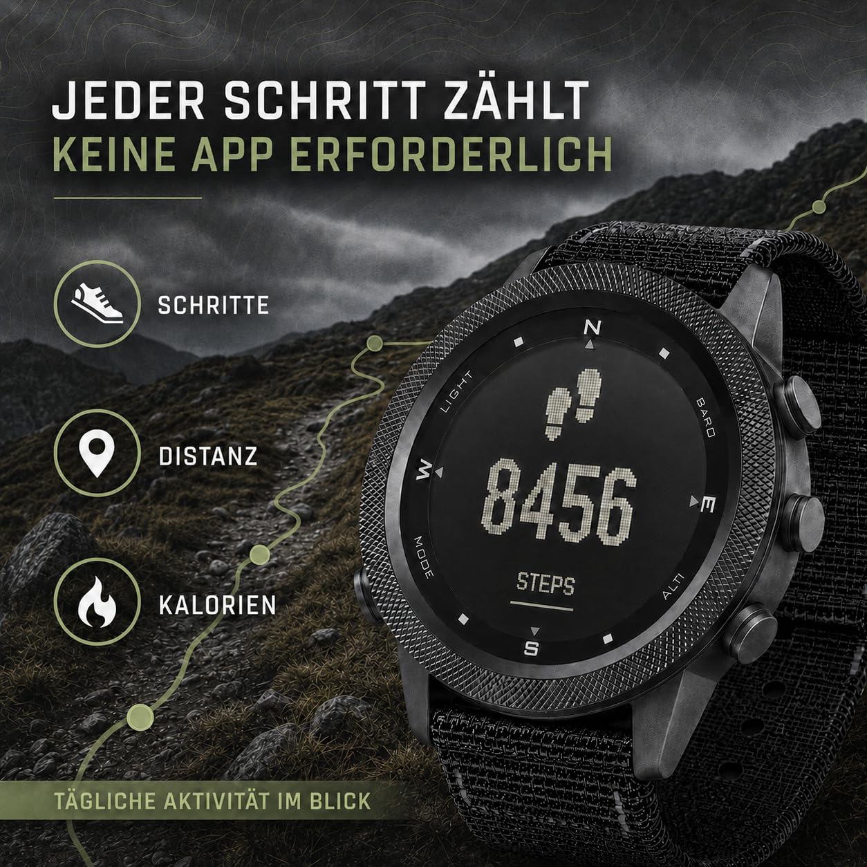 NORTH EDGE Apache Outdoor Digitaluhr Herren, 50M, Kompass | ABC-Outdooruhr, 50M wasserdicht, Höhenmesser, Barometer, Kompass, Schrittzähler, EL-Licht