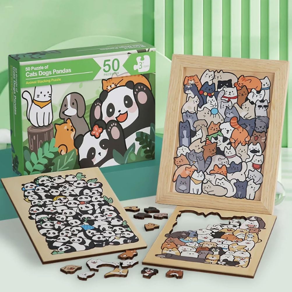 Drewniana układanka Montessori z uroczymi zwierzętami ramką zdjęcia | Kot Pies Panda Trudna Łamigłówka, Zabawka Dekoracyjna Łamigłówka, Odprężenie od Stresu