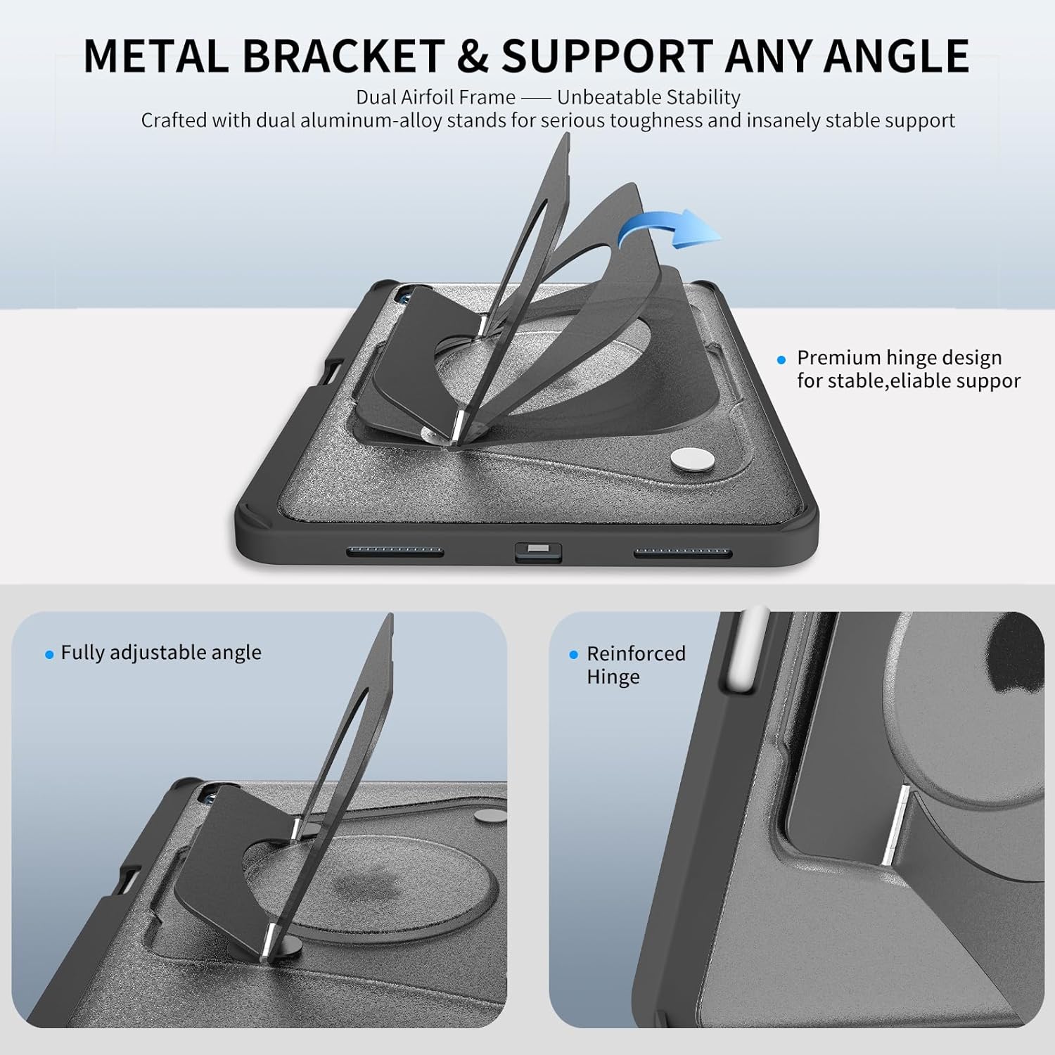 Case for iPad Air 11-inch (M4 2026/ M3 2025/ M2 2024) & 10.9-inch (5th/ 4th Gen) 2022/2020,Dual Metal Foldable Stand, Any Angle Support, with Pencil Holder (Black)