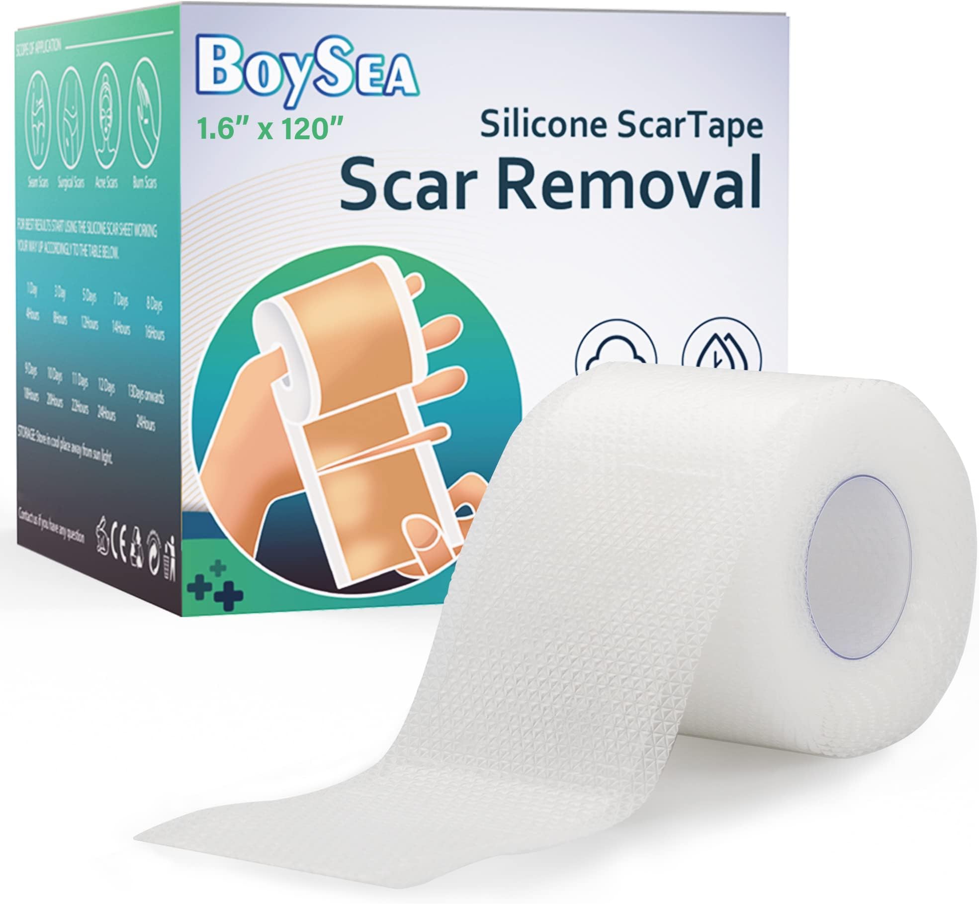 Boysea Silicone Scar Sheets (1.6" x 120" Roll-3M) Upgrade Clear Scar Tape-Elastic Bandage, Scars Removal Treatment - Reusable Silicone Scar Tape Strips for Keloid, C-Section, Surgery, Burn, Acne et
