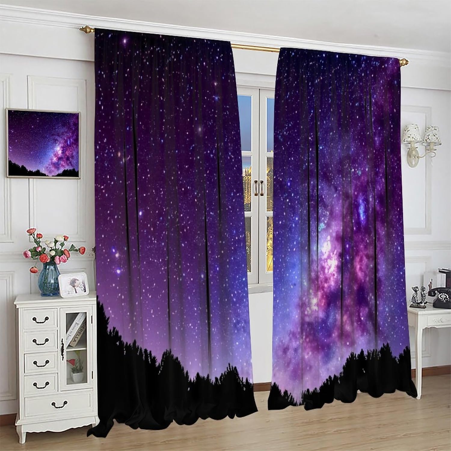 Galaxy Blackout Curtains Black Forest Silhouettes Purple Nebula Starry Sky for Kids Girls Boys Bedroom Living Room Rod Pocket Decoration Window Drapes 2 Panels W21xL54in