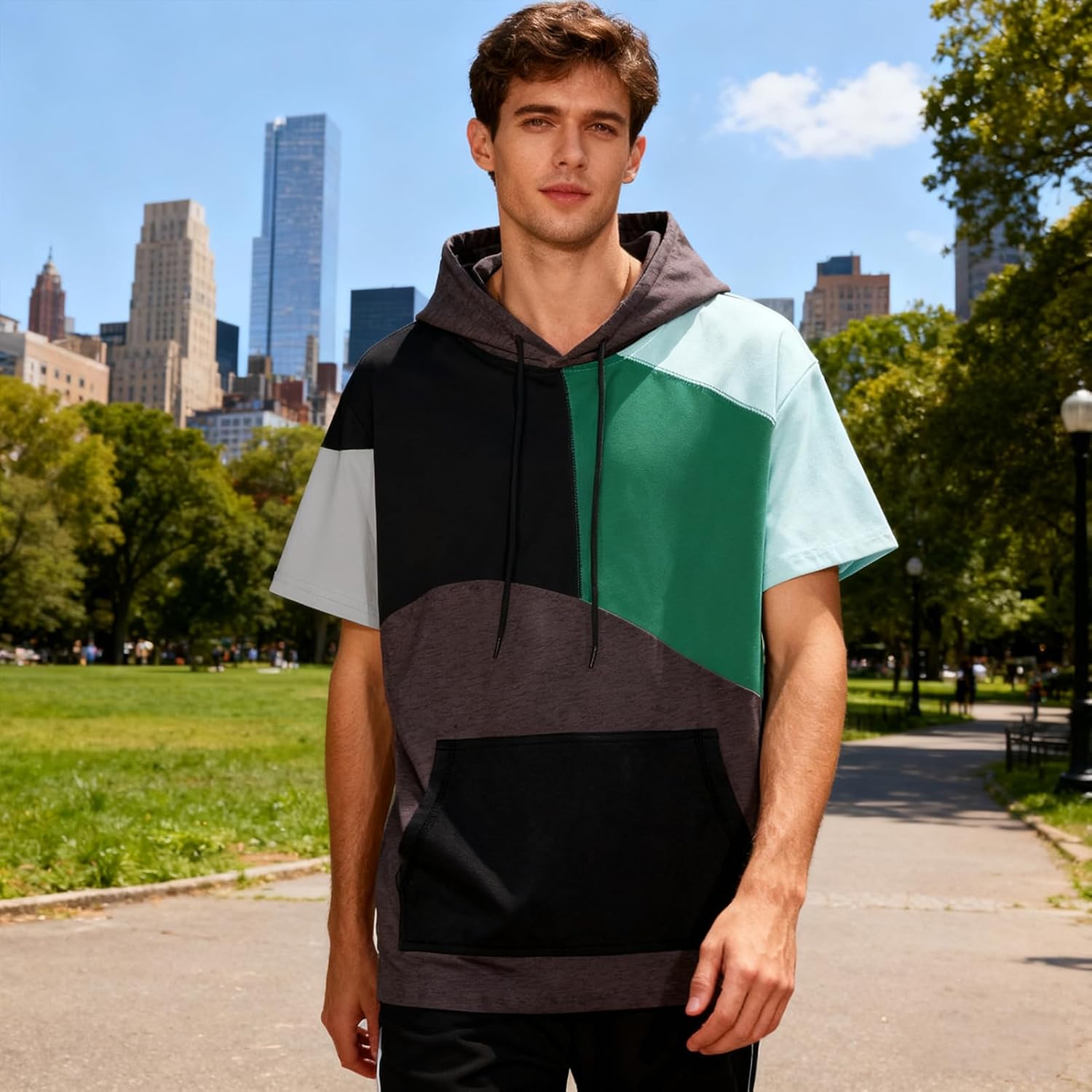 Mens Short Sleeve Hoodie Soft Cotton Color Block T-Shirt Sweatshirt Big Pocket Half Sleeve Summer Pullover - Image 5