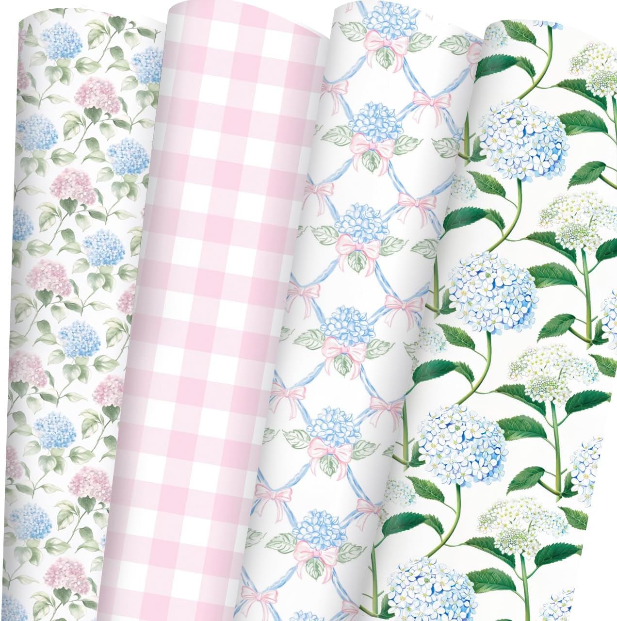 Adurself 28 x 40 In Hydrangea Wrapping Paper -Not Roll- Pink Blue Vintage Flower & Plaid Assorted Design, Folded Flat Floral Gift Wrap Paper - 6 Jumbo Sheets for Birthday Wedding Baby Shower Gifts