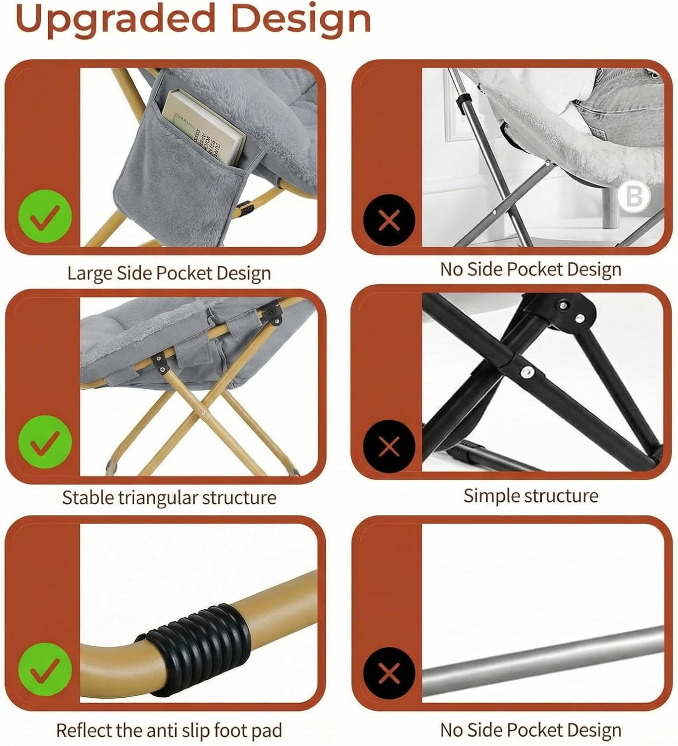 TLSUNNY Comfy Saucer Chair, Foldable Lounge Lazy Chair with Ottoman, Soft Faux Fur Reading Chair for Teens Adults, Folding Lazy Chair/Moon Chair for Living Room, Bedroom, Dorms, X-Large (Gray)