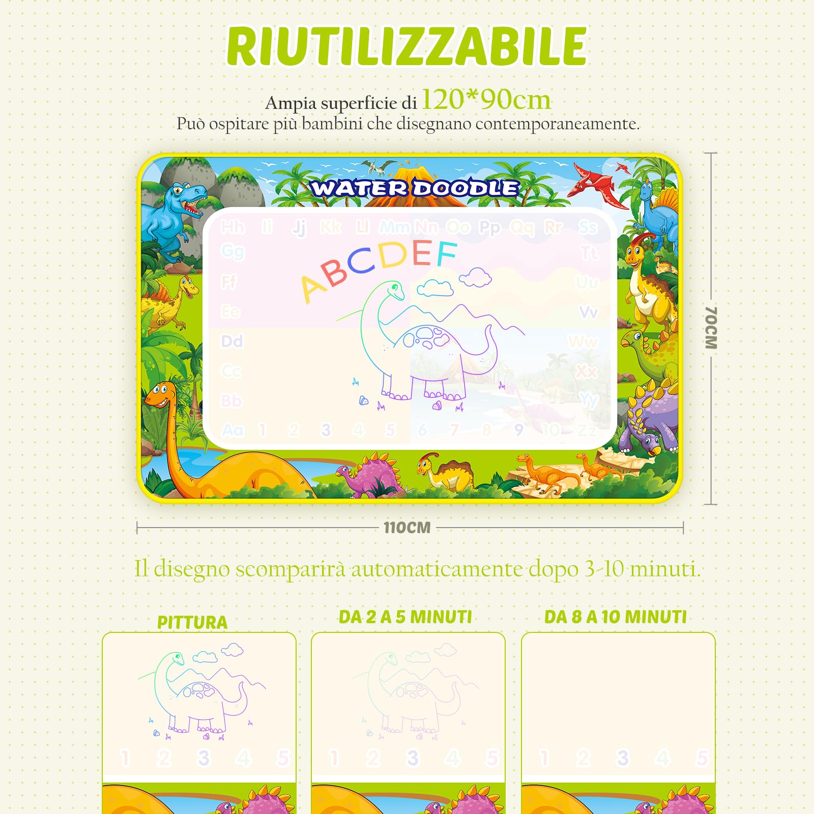 Regalo per bambini 1-3 anni – tappeto disegno acqua 110 x 70 cm, giocattolo per bambini 1 2 3 anni, giocattoli educativi per bambini da colorare gigante tappeto di pittura regalo per ragazzi e ragazze