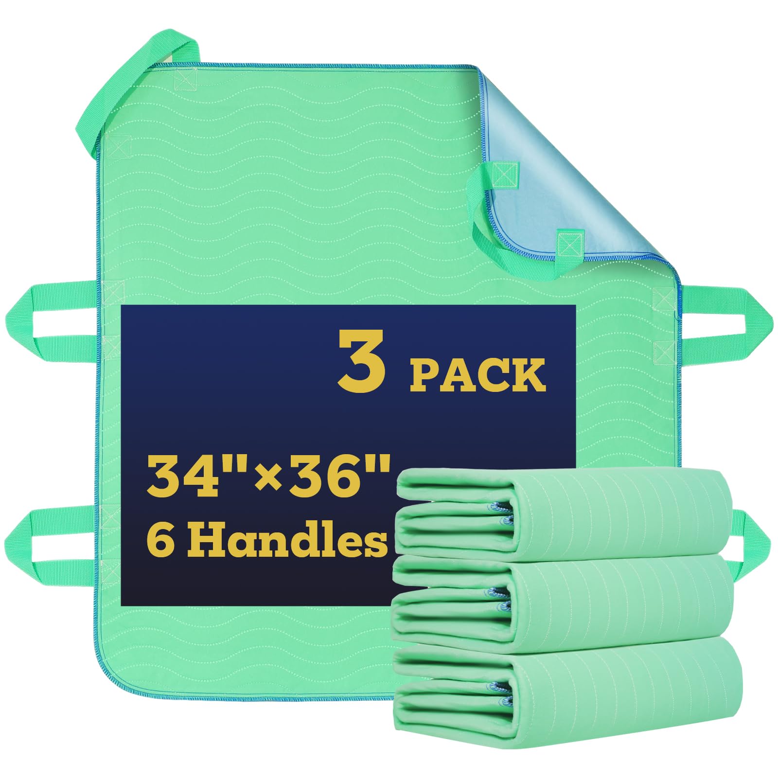 ETERNA Almohadilla de cama de posicionamiento lavable con 6 asas reforzadas, 34 x 36 pulgadas, impermeables, reutilizables, para adultos, niños, ancianos y mascotas (paquete de 3)