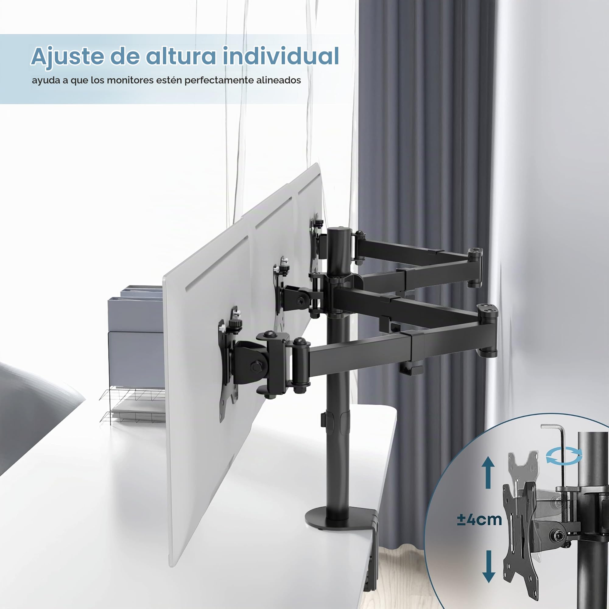PUTORSEN Soporte de Tres Brazo de Escritorio Ajustable, para Pantalla de Monitor de TV, LCD y computadora de13-27, con Capacidad de Carga de 7kg para Cada Monitor