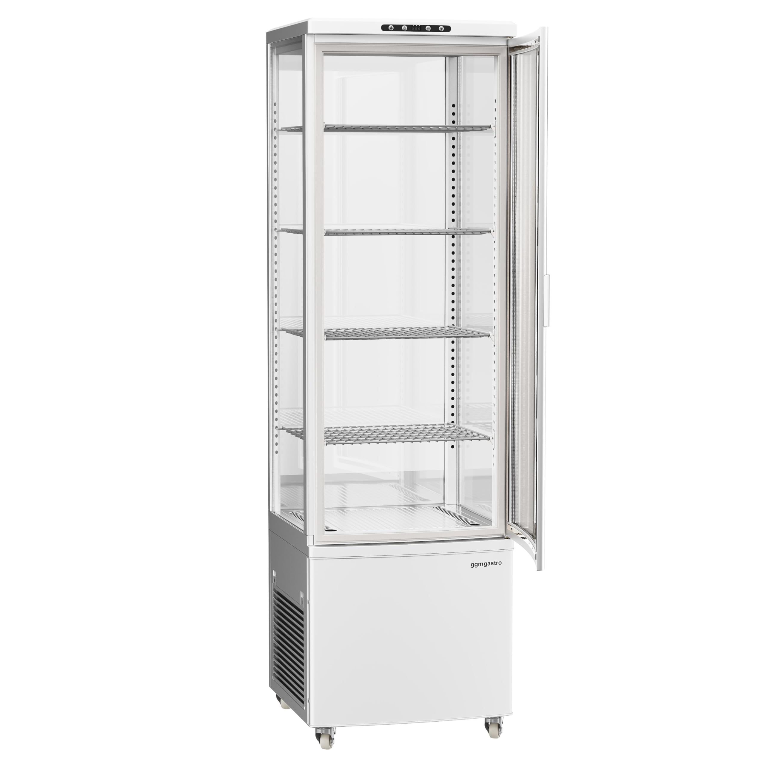 GGM Gastro Panoramavitrine 235 L, 1 Glastür, 515x485x1690 mm | Optimale Warenpräsentation, effiziente Umluftkühlung, automatische Abtaufunktion, energieeffiziente LED-Beleuchtung, robust