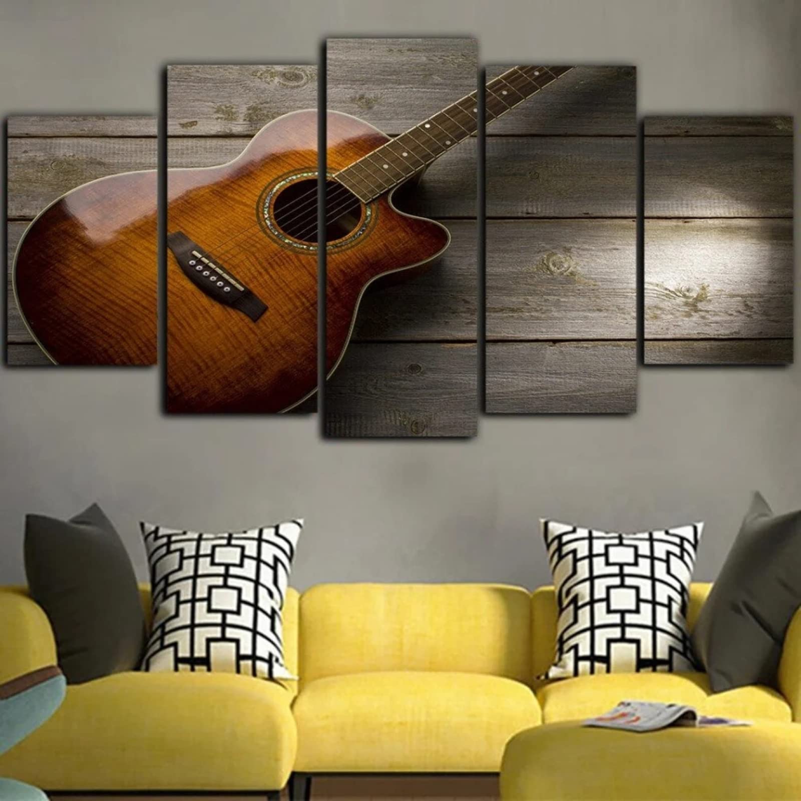 Wall 5 Piece Canvas Wall Art Bass Guitar Wood Style Wall Decor for Living Room Kitchen Modern Giclee Print Artwork Gallery Canvas Wrapped Ready To Hang(200x100cm/80x40inch)