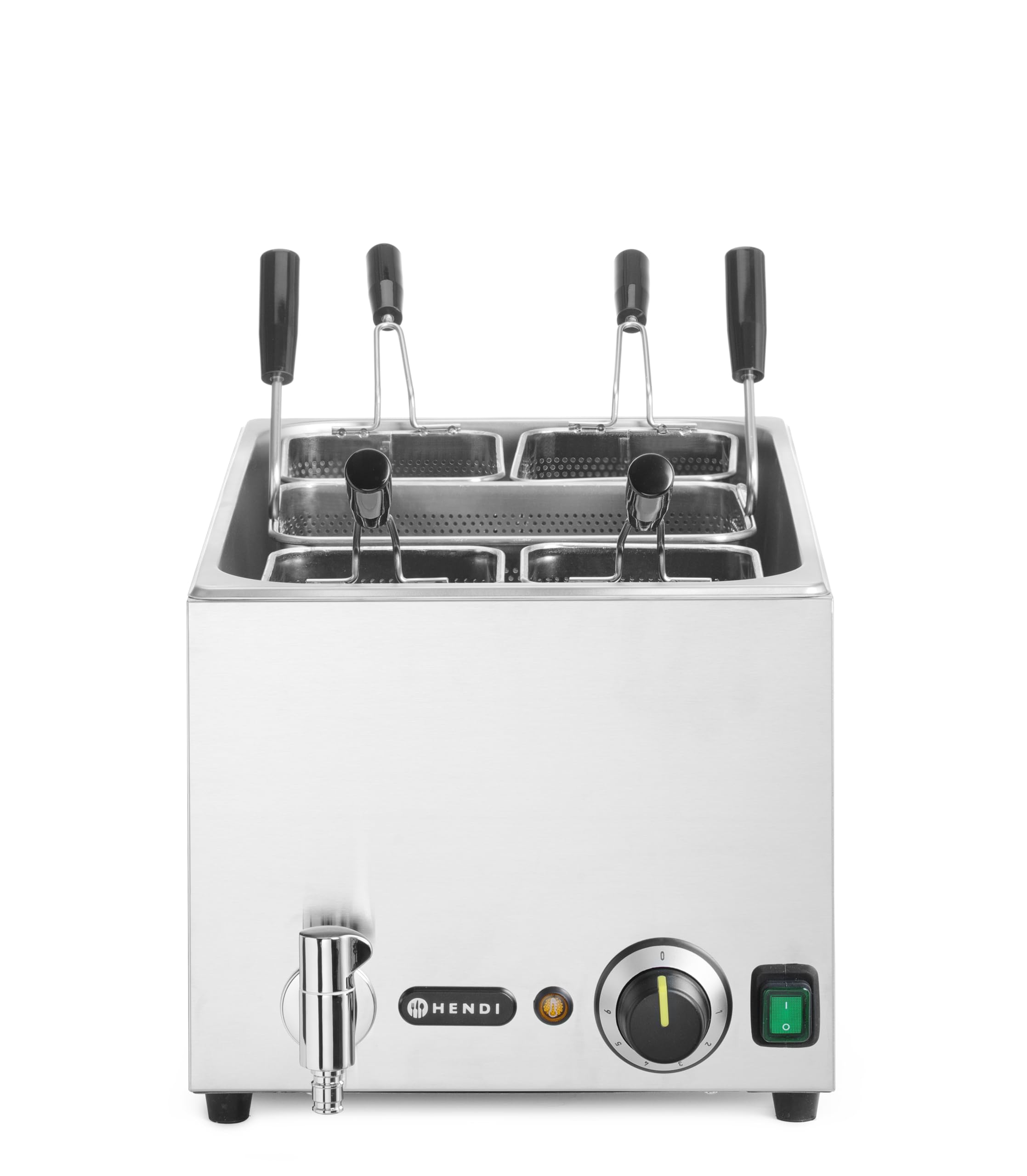 HENDI Cuocipasta Professionale 25 L con 5 Cestelli, Termostato 45–110°C, Rubinetto di Scarico con Blocco Meccanico, 230V/3500 W, 601x326x(H)279mm, Acciaio Inossidabile