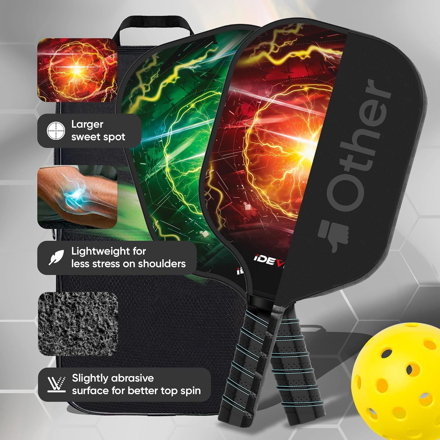 Racchetta da pickleball a LED, leggera e leggera, con impugnatura comoda, accessori per esterni con nucleo a d'ape, accessori per principianti