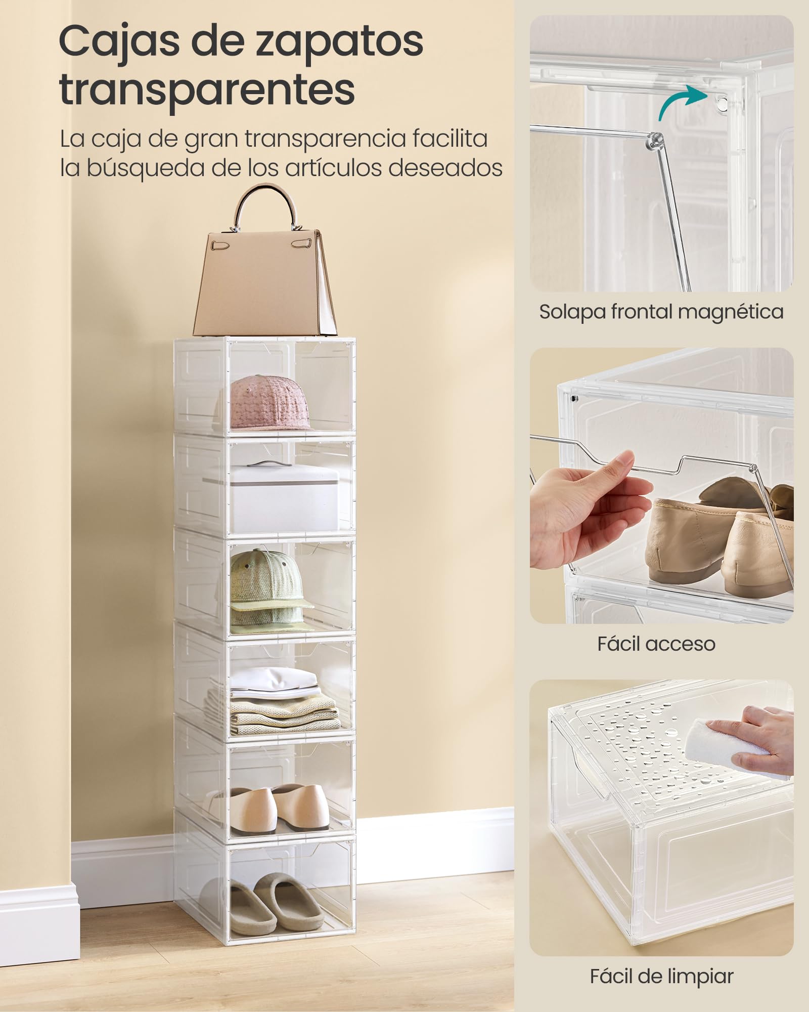 SONGMICS Cajas de Zapatos, Cajas Plástica Apilable para Zapatos, Juego de 6 Organizador de Zapatos, Ahorro de Espacio, Fácil Montaje, 34 x 25 x 18,4 cm, Hasta Talla 44, Blanco Transparente LSP032W06